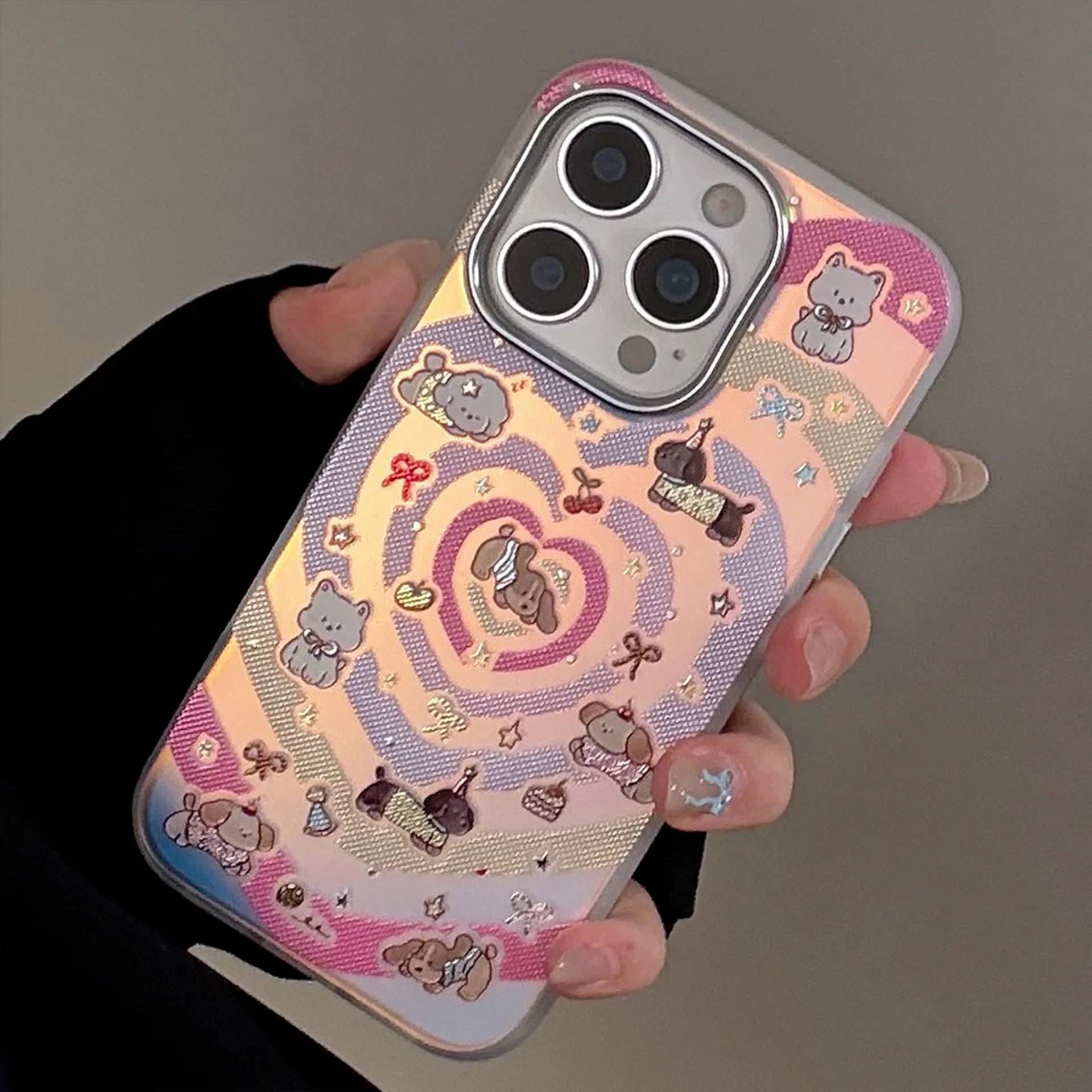 Korean Gilding Laser Colorful Love Heart Cartoon Puppy Phone Case For iPhone