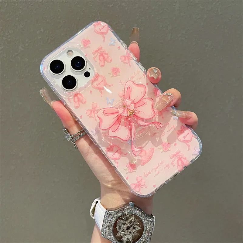 Korean Love Heart Ballet Style Pink Bowknot Rotate Bracket Phone Case For iPhone