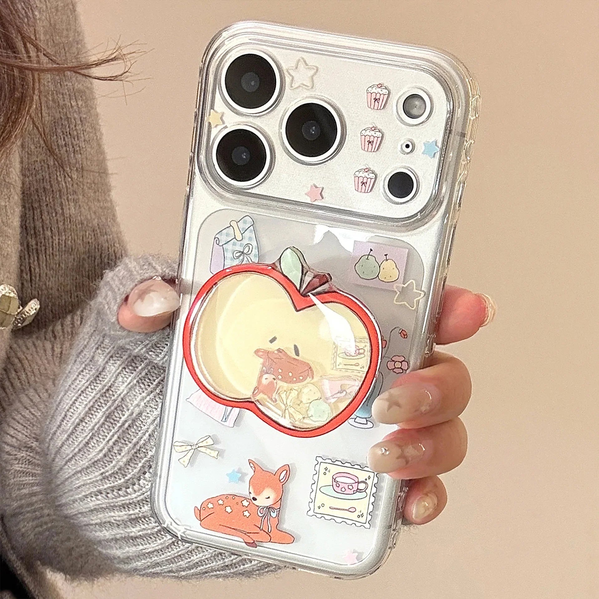 Cartoon Deer Graffiti Apple Quicksand Shake Bracket Phone Case For iPhone