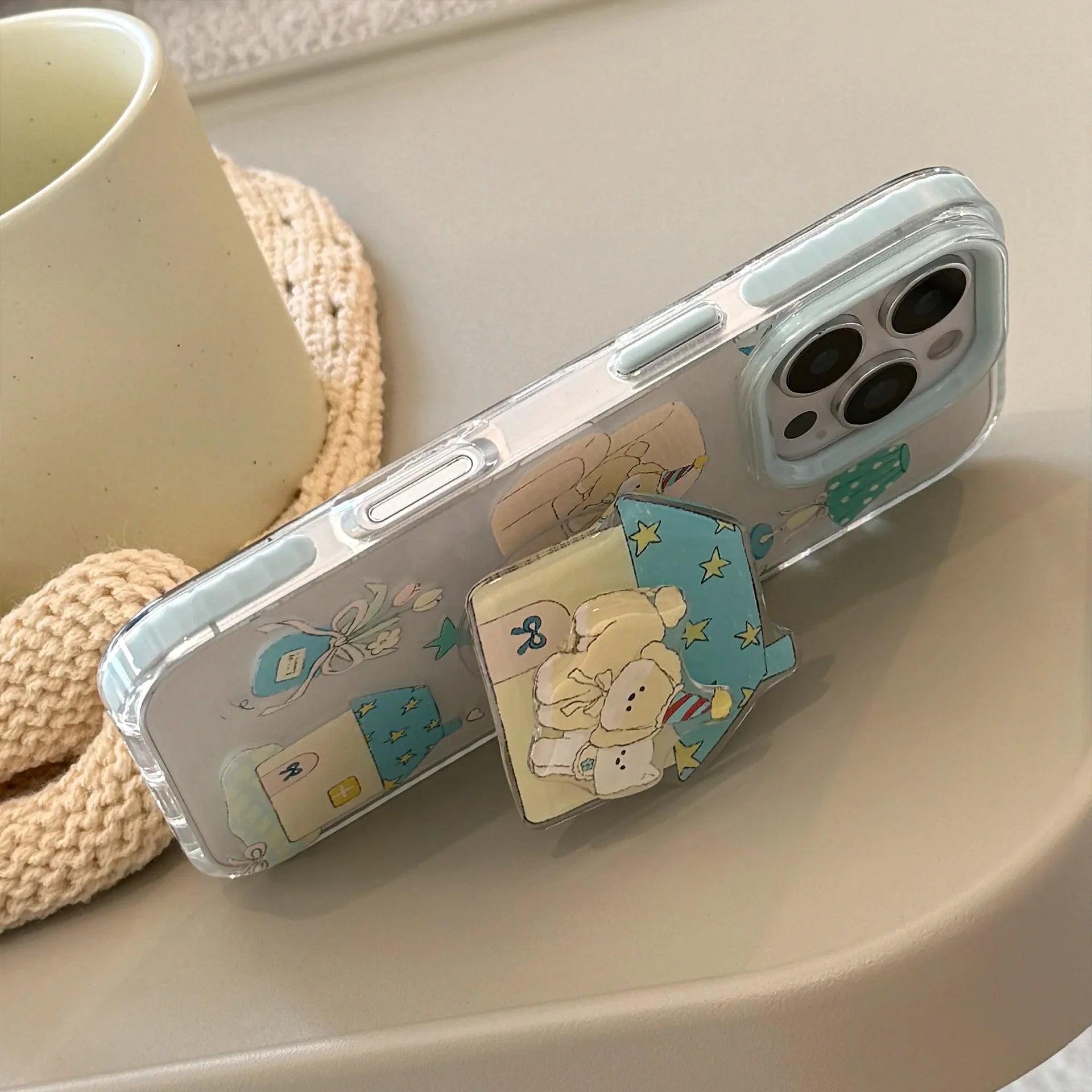 Korean Cute Cartoon Graffiti House Puppy Rotate Bracket Soft Phone Case For iPhone