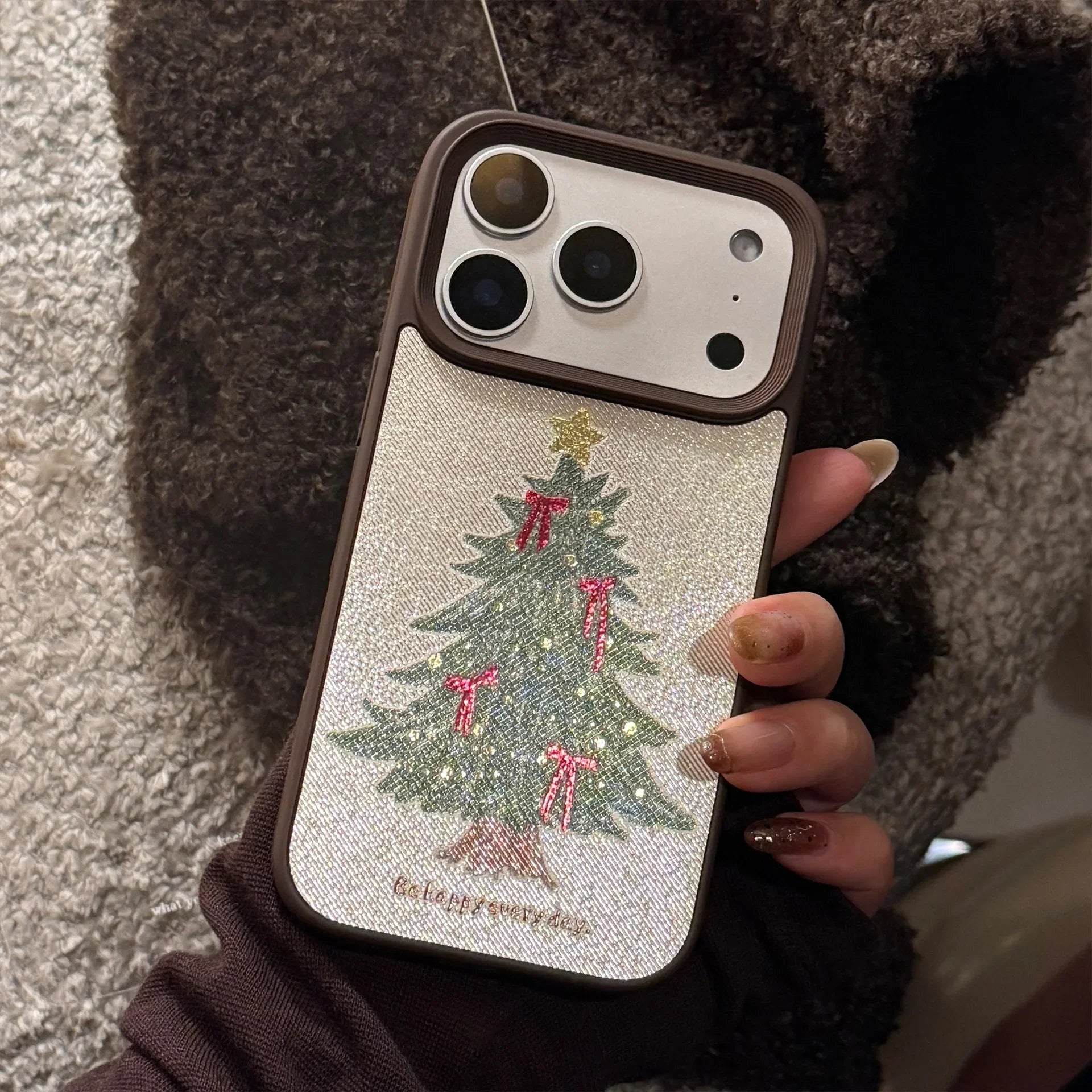 Korean Bowknot Christmas Tree Pattern Leather Texture Phone Case For iPhone