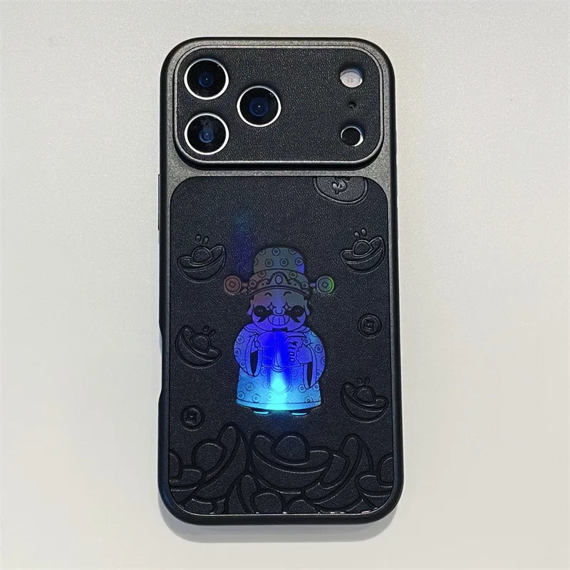 Luxury Cartoon God Of Wealth Laser Leather Texture Phone Case For iPhone