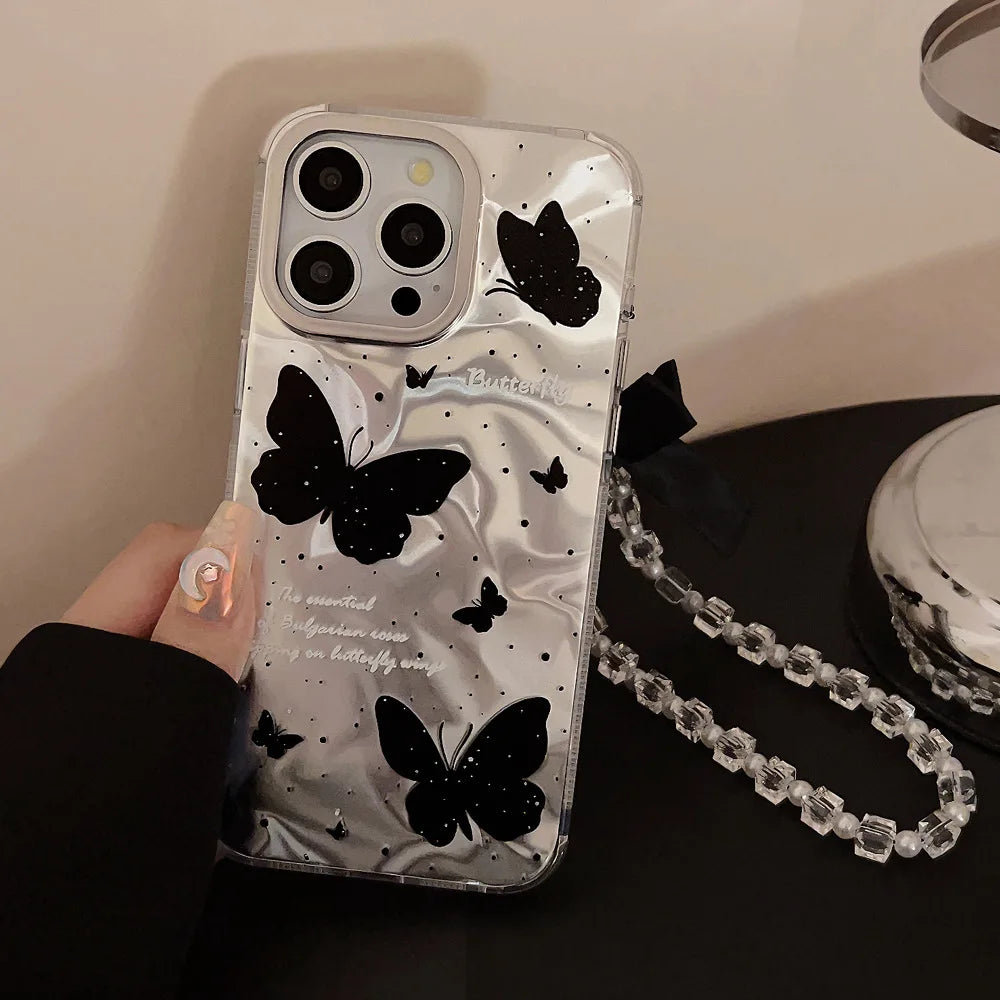 Luxury Black Butterfly Water Ripple Phone Case With Lanyard For iPhone