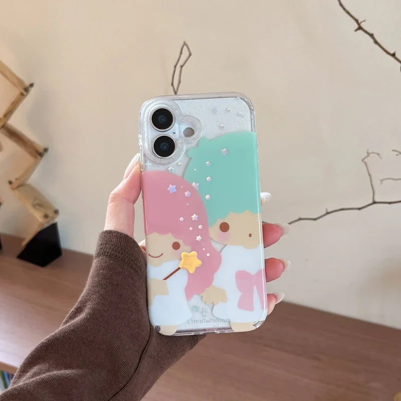 Kawaii Cute Couple Cartoon Star Gemini Sparkling Phone Case For iPhone