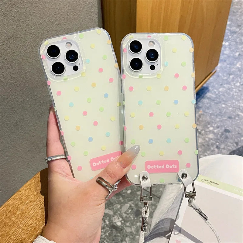 Fashion Colorful Polka Dot Phone Case With Wrist Strap For iPhone