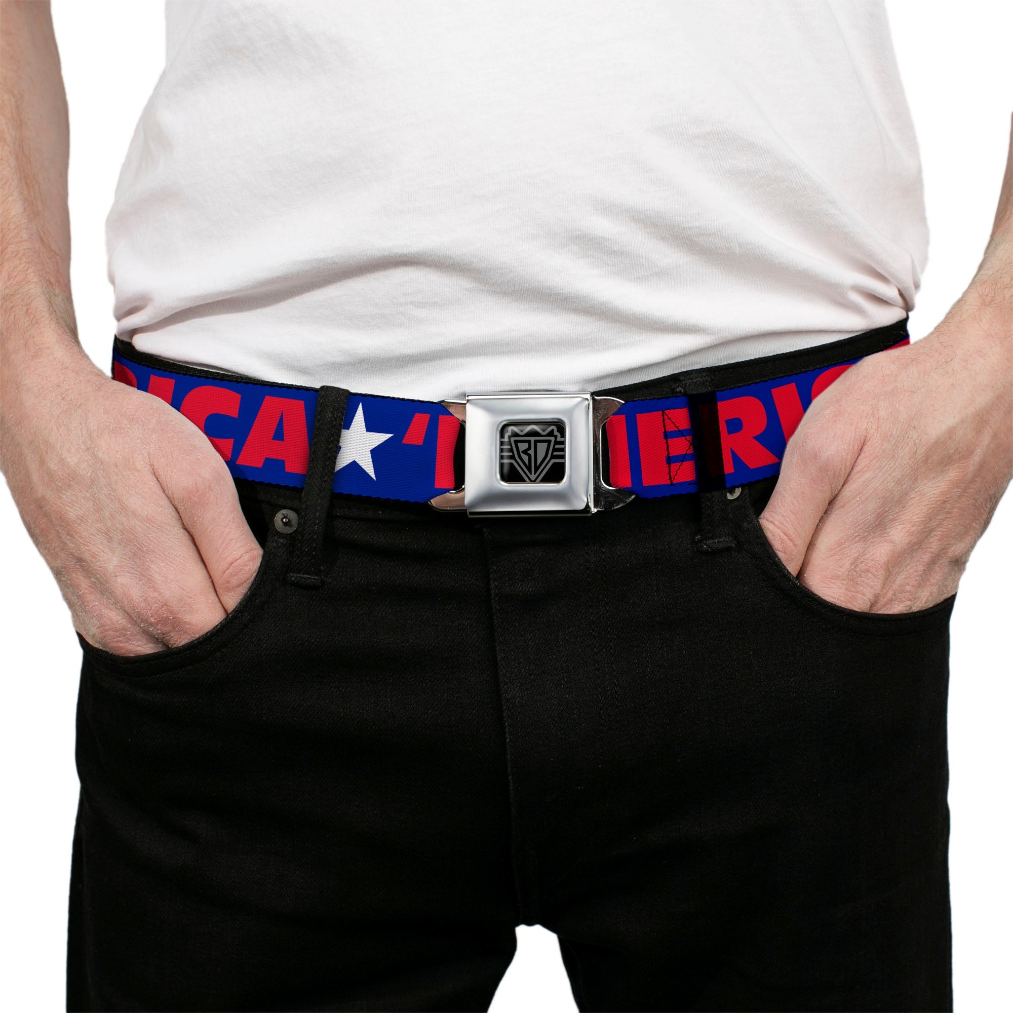 BD Wings Logo CLOSE-UP Full Color Black Silver Seatbelt Belt - 'MERICA/Star Blue/Red/White Webbing