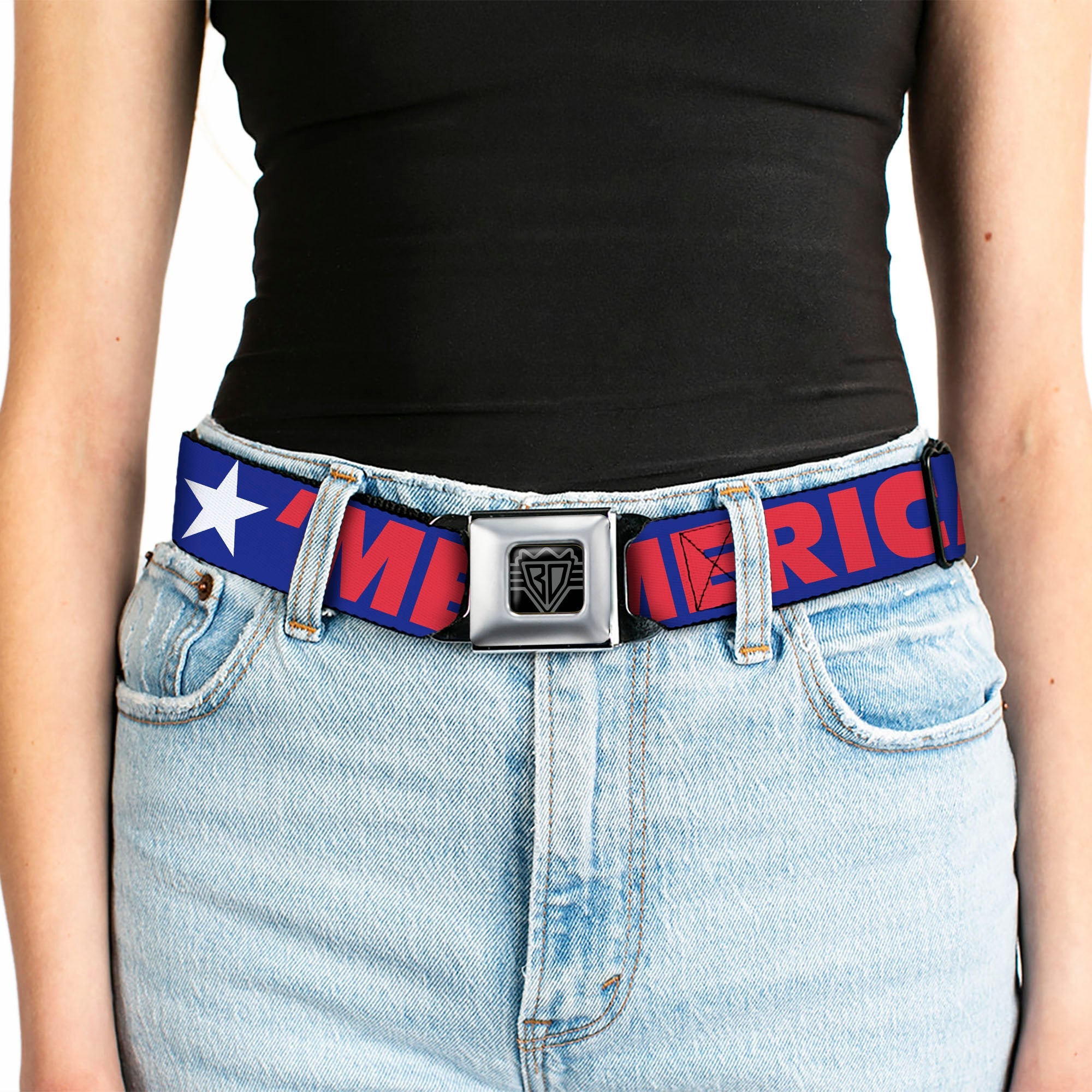 BD Wings Logo CLOSE-UP Full Color Black Silver Seatbelt Belt - 'MERICA/Star Blue/Red/White Webbing