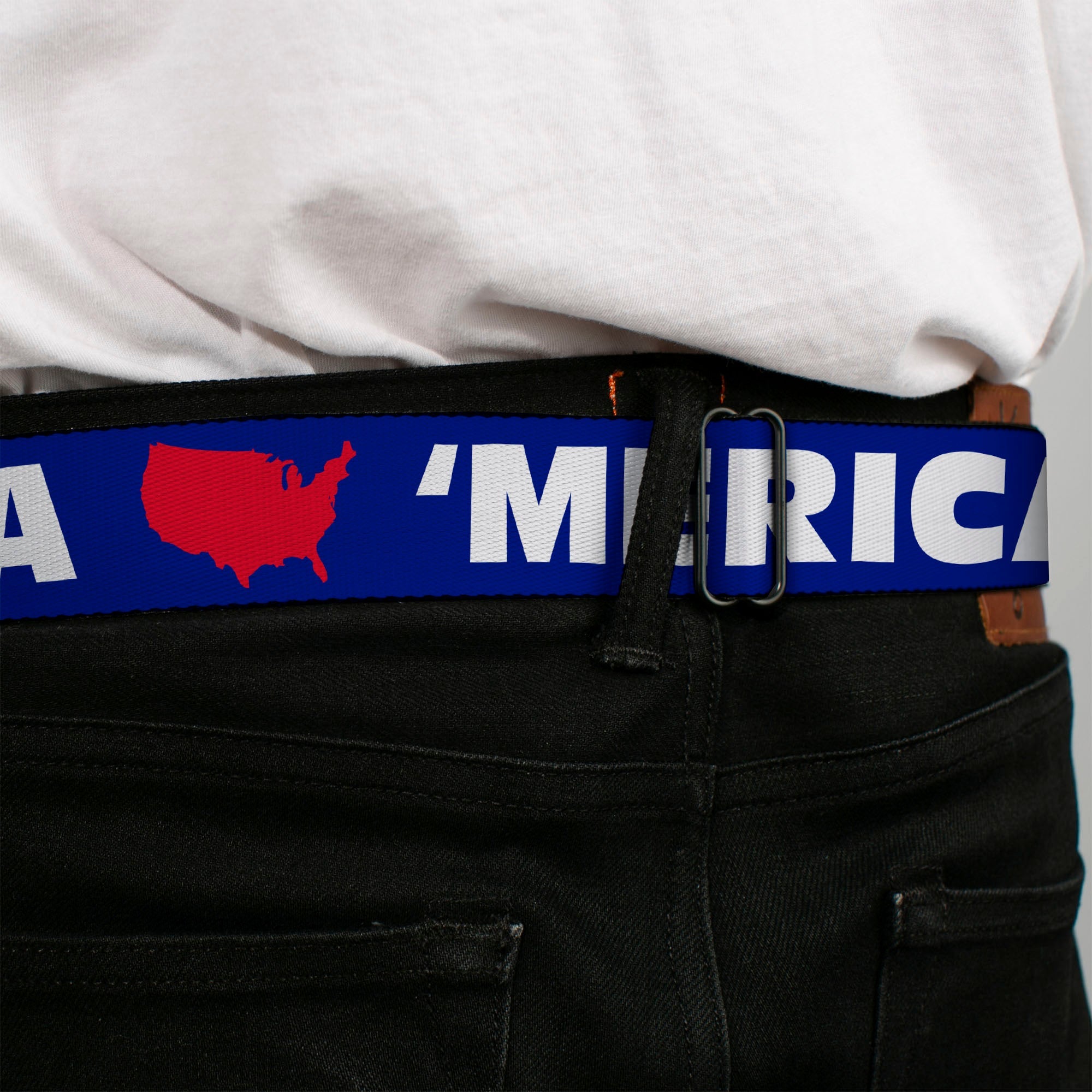 BD Wings Logo CLOSE-UP Full Color Black Silver Seatbelt Belt - 'MERICA/USA Silhouette Blue/White/Red Webbing