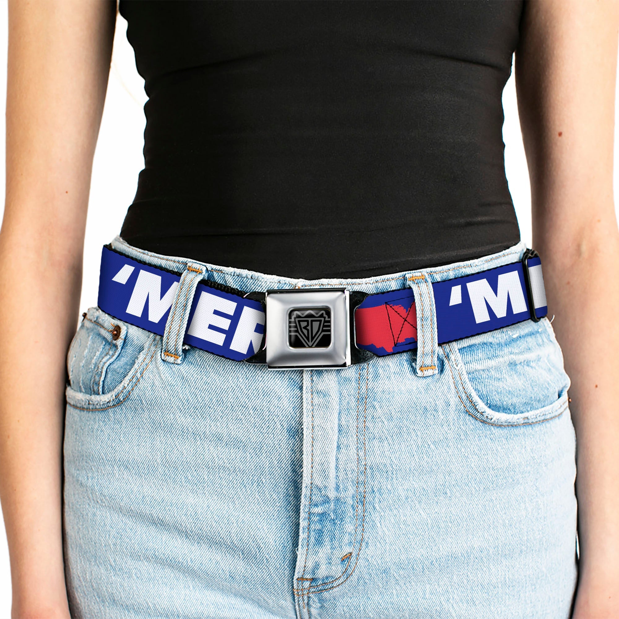 BD Wings Logo CLOSE-UP Full Color Black Silver Seatbelt Belt - 'MERICA/USA Silhouette Blue/White/Red Webbing