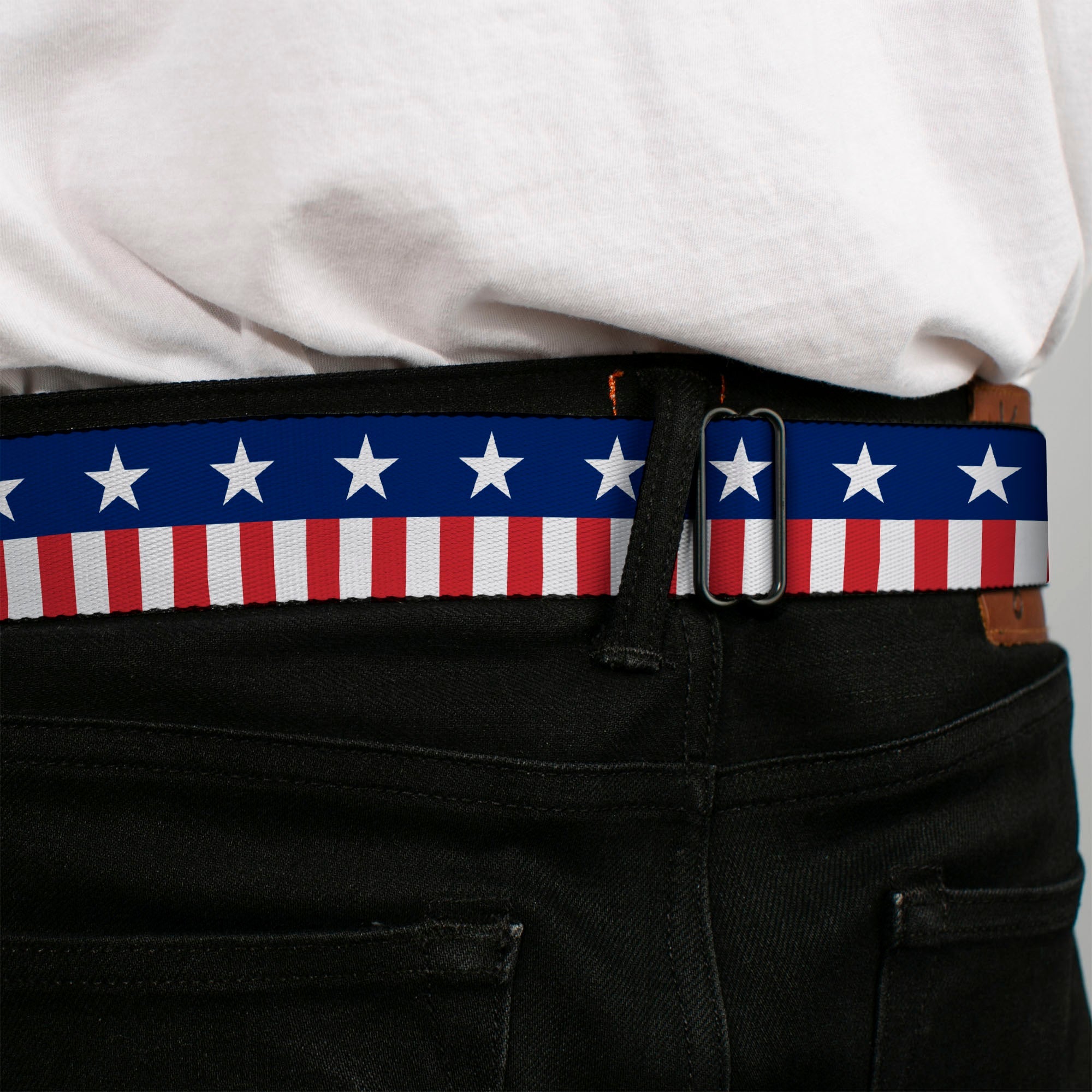 BD Wings Logo CLOSE-UP Full Color Black Silver Seatbelt Belt - Americana Stars & Stripes2 Blue/White/Red/White Webbing