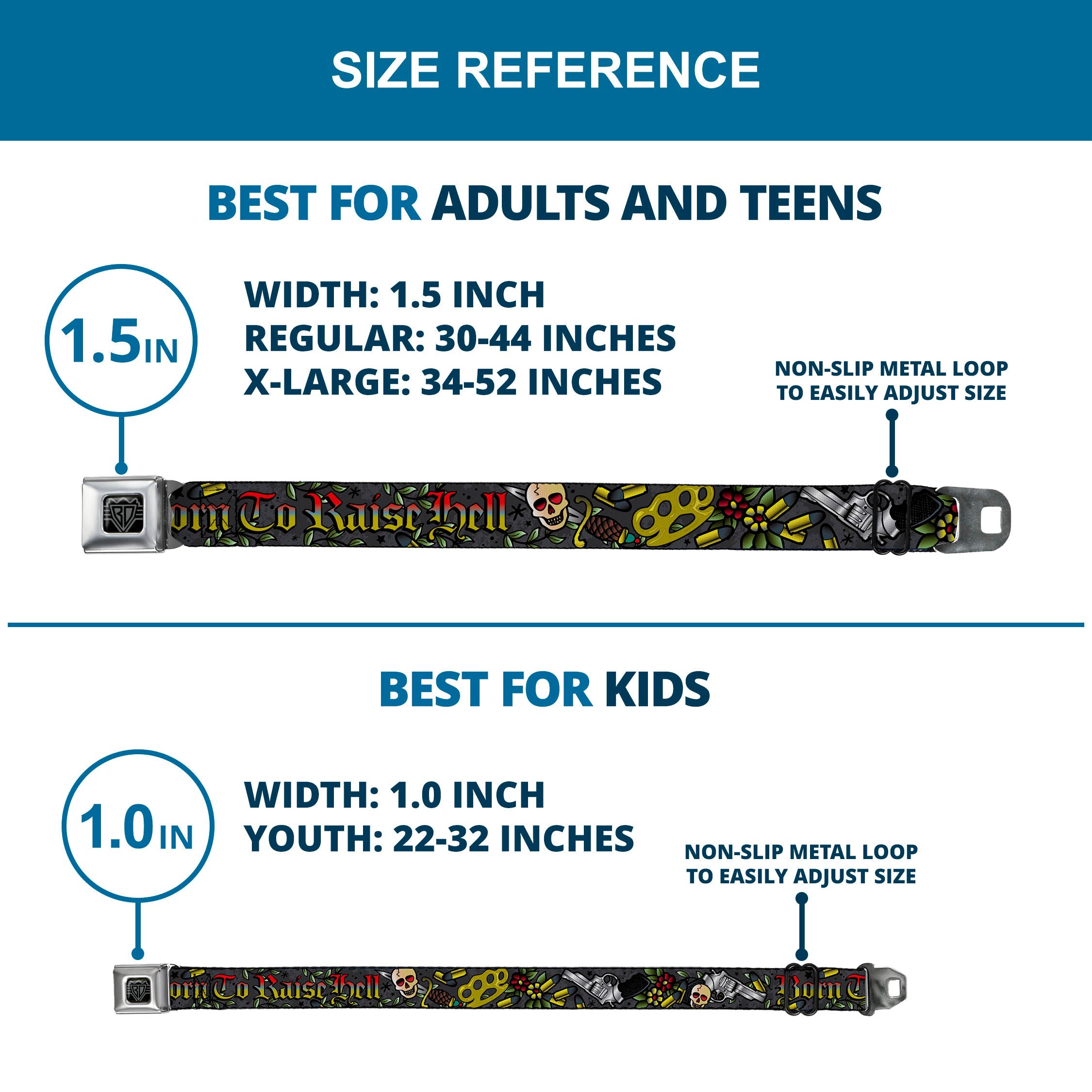 BD Wings Logo CLOSE-UP Full Color Black Silver Seatbelt Belt - Born to Raise Hell Gray Webbing