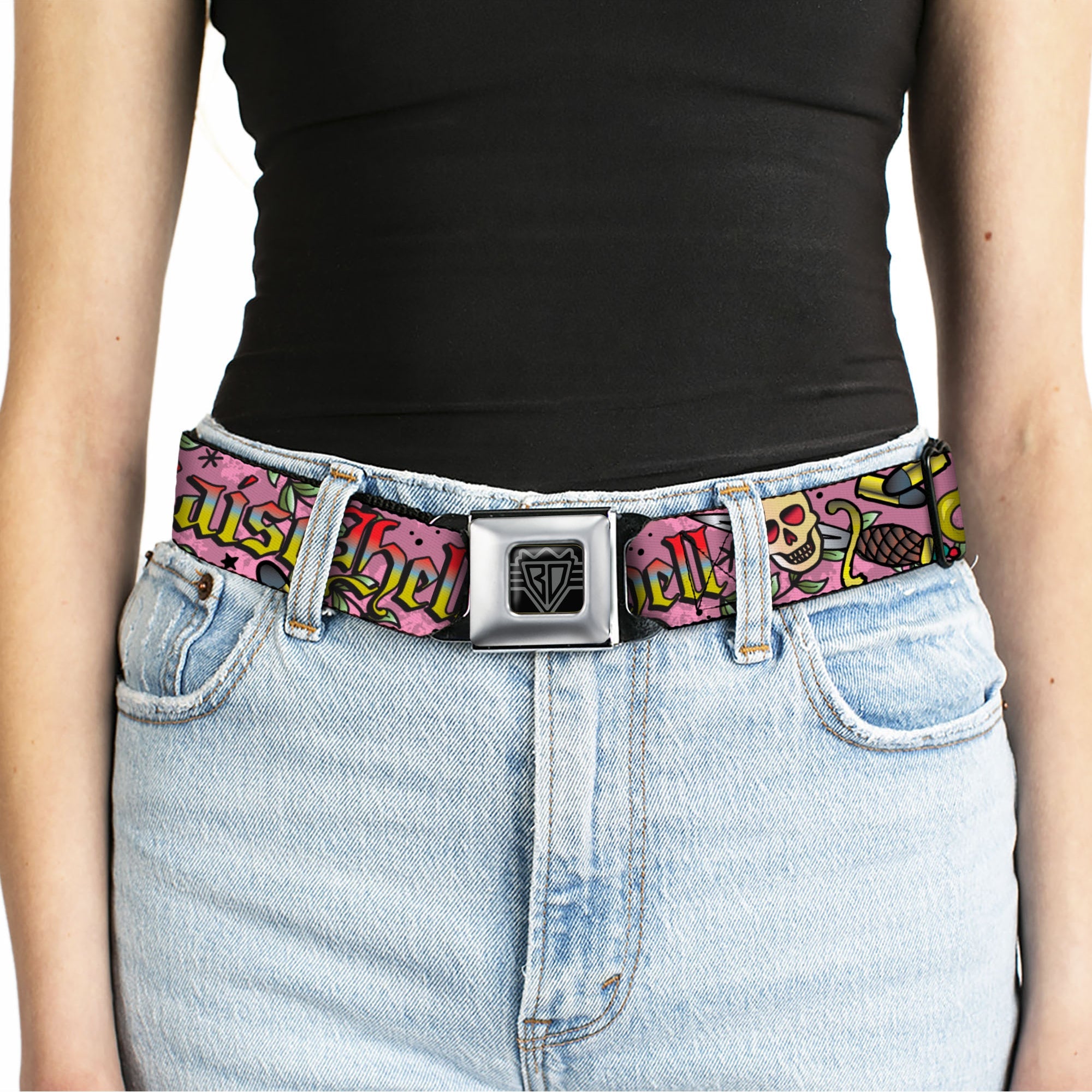 BD Wings Logo CLOSE-UP Full Color Black Silver Seatbelt Belt - Born to Raise Hell Pink Webbing