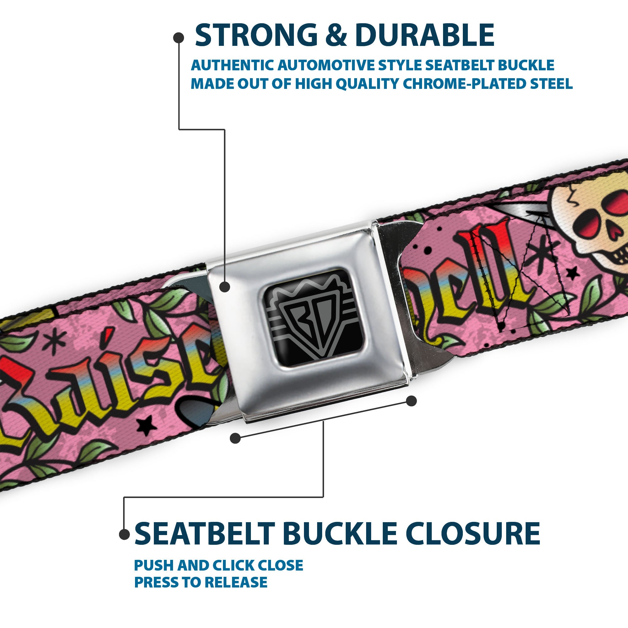 BD Wings Logo CLOSE-UP Full Color Black Silver Seatbelt Belt - Born to Raise Hell Pink Webbing