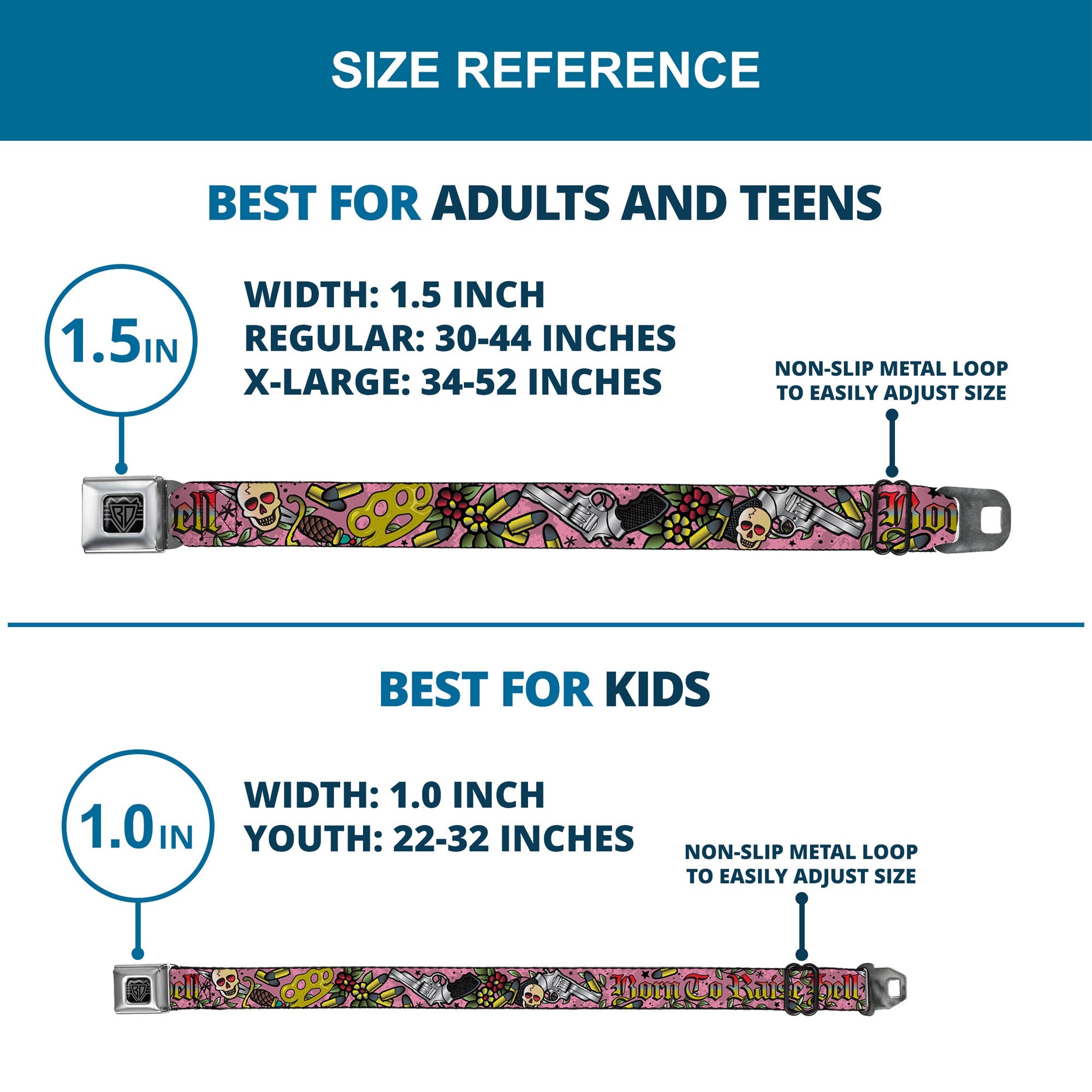 BD Wings Logo CLOSE-UP Full Color Black Silver Seatbelt Belt - Born to Raise Hell Pink Webbing