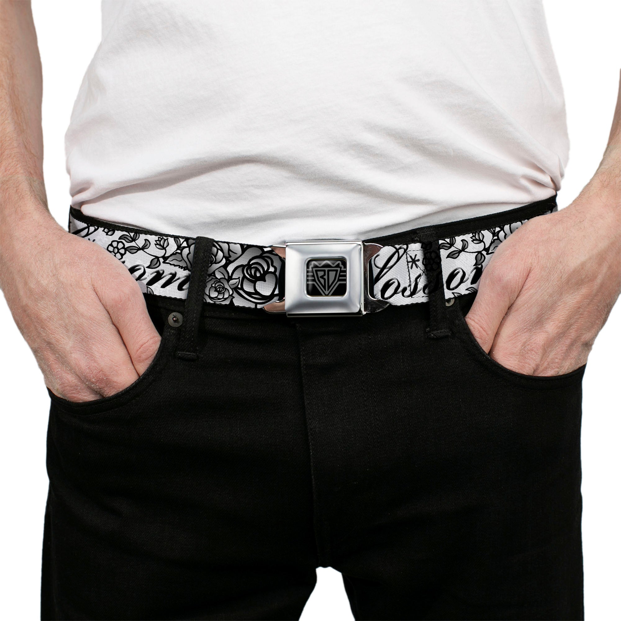 BD Wings Logo CLOSE-UP Full Color Black Silver Seatbelt Belt - Born to Blossom Black/White Webbing