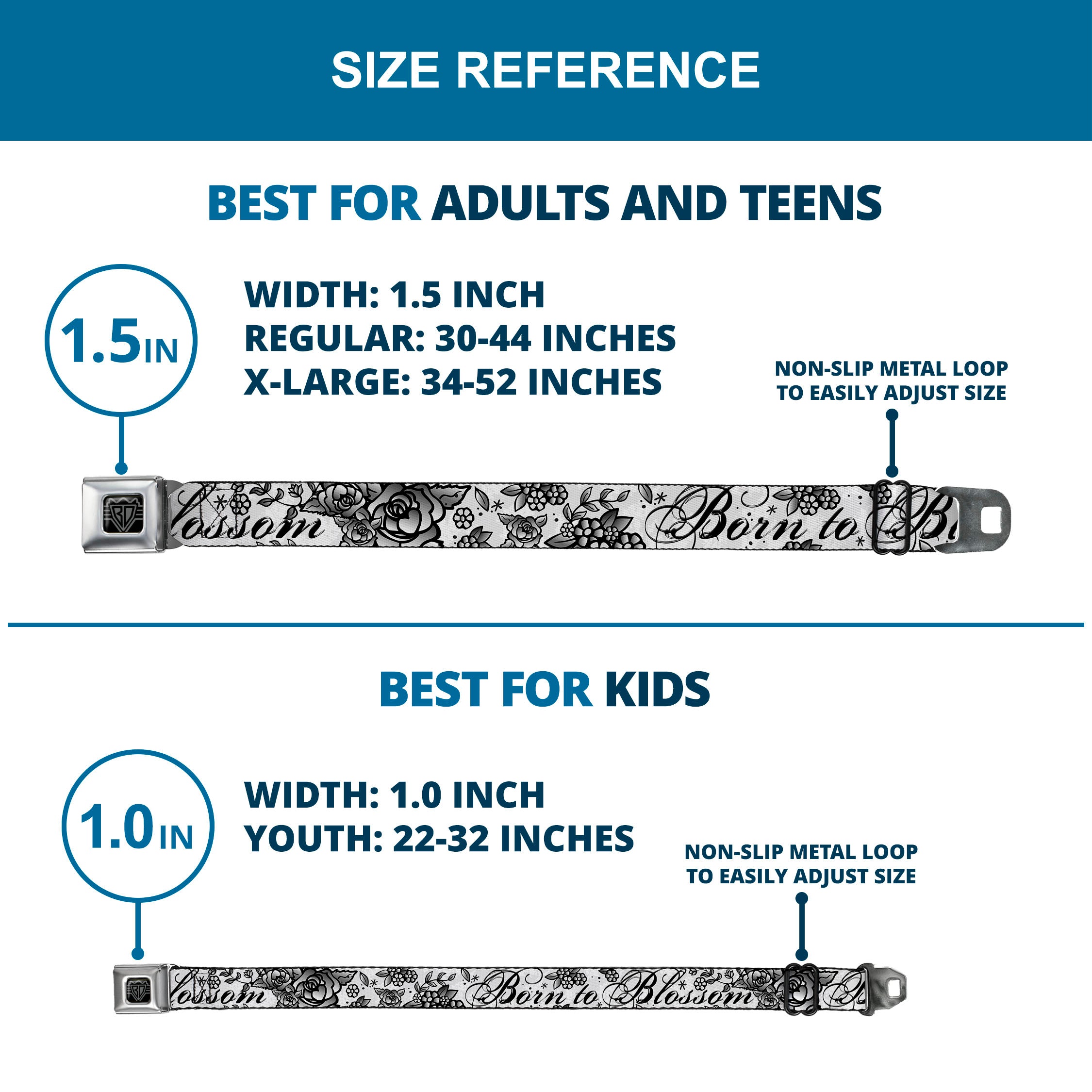 BD Wings Logo CLOSE-UP Full Color Black Silver Seatbelt Belt - Born to Blossom Black/White Webbing