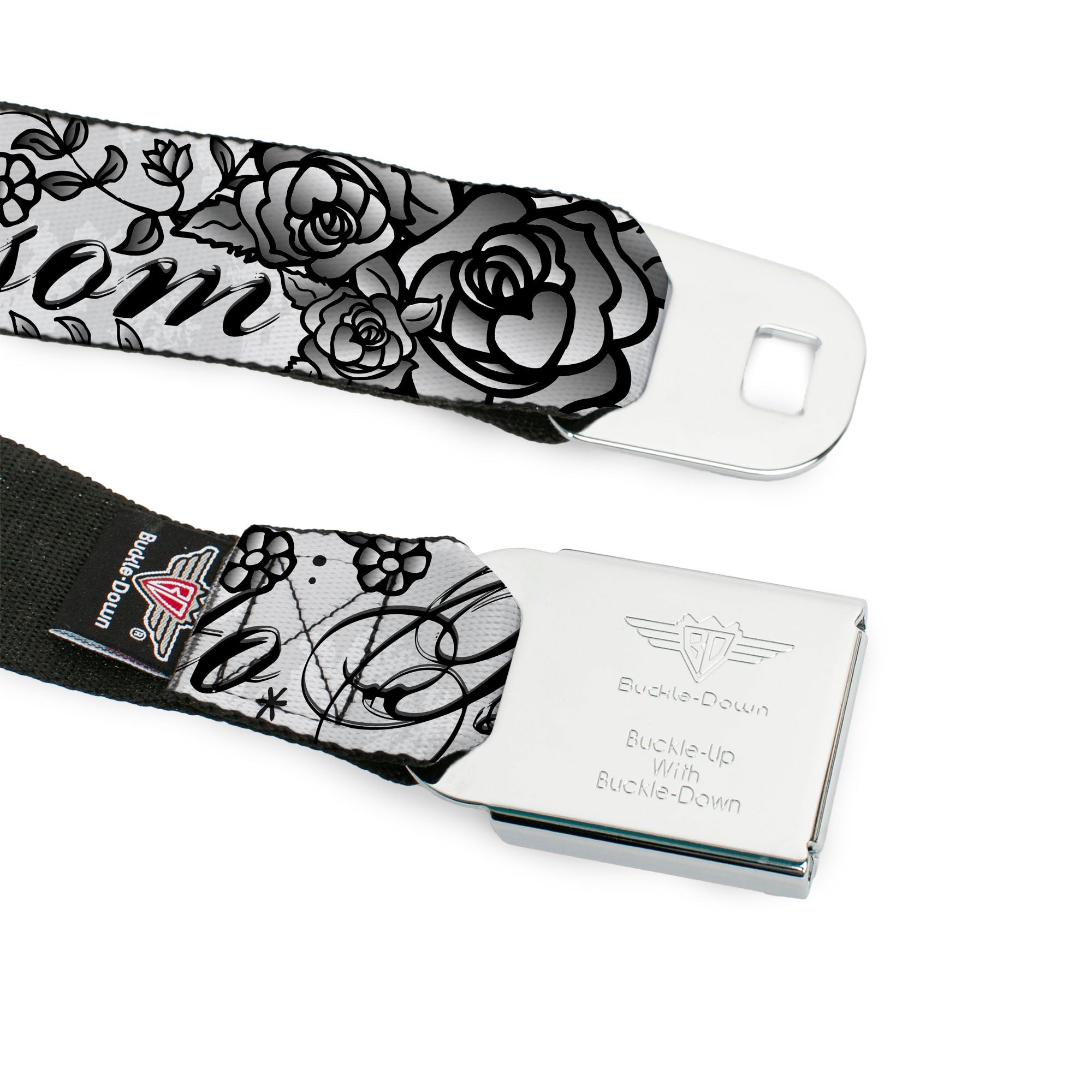 BD Wings Logo CLOSE-UP Full Color Black Silver Seatbelt Belt - Born to Blossom Black/White Webbing