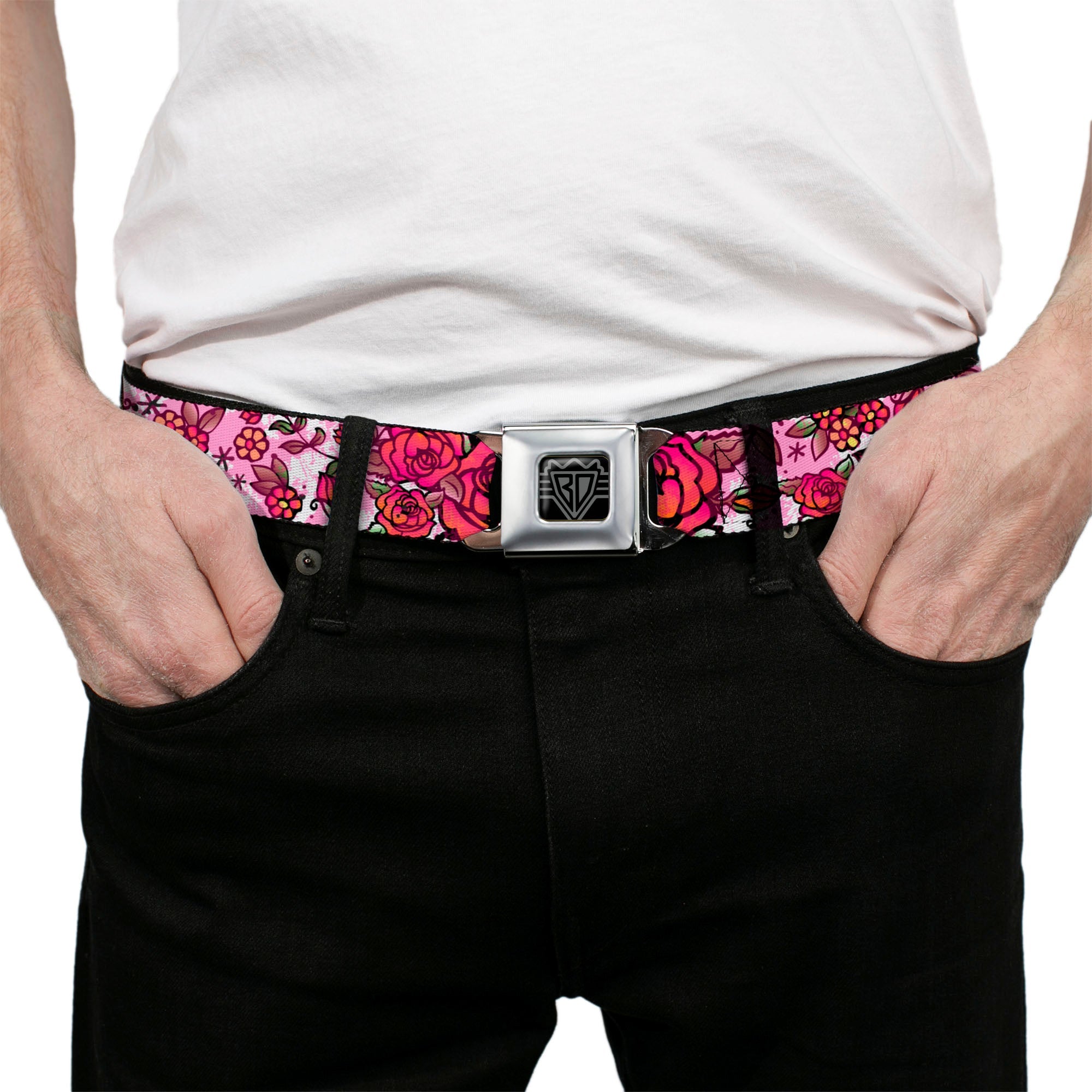 BD Wings Logo CLOSE-UP Full Color Black Silver Seatbelt Belt - Born to Blossom CLOSE-UP White Webbing