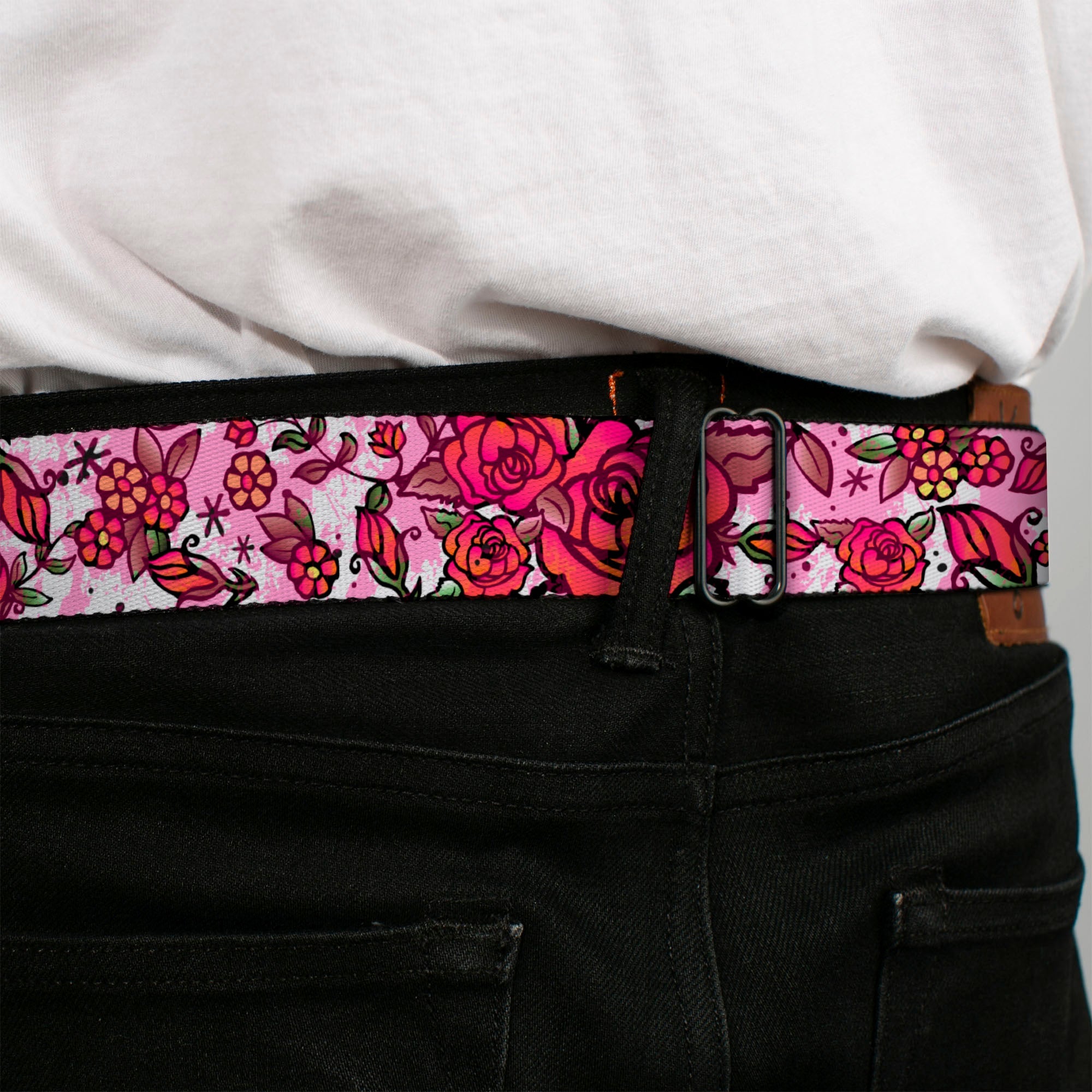 BD Wings Logo CLOSE-UP Full Color Black Silver Seatbelt Belt - Born to Blossom CLOSE-UP White Webbing