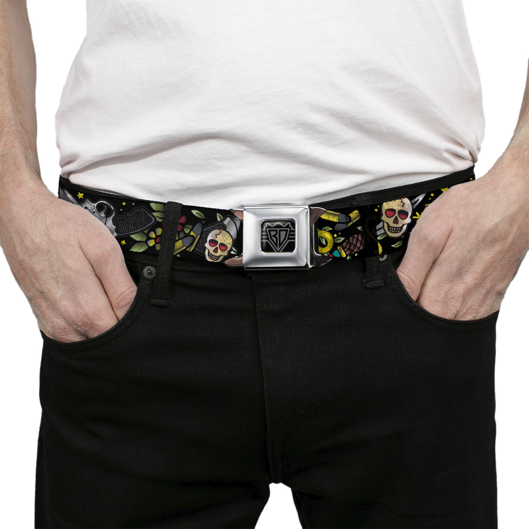 BD Wings Logo CLOSE-UP Full Color Black Silver Seatbelt Belt - Born to Raise Hell CLOSE-UP Black Webbing