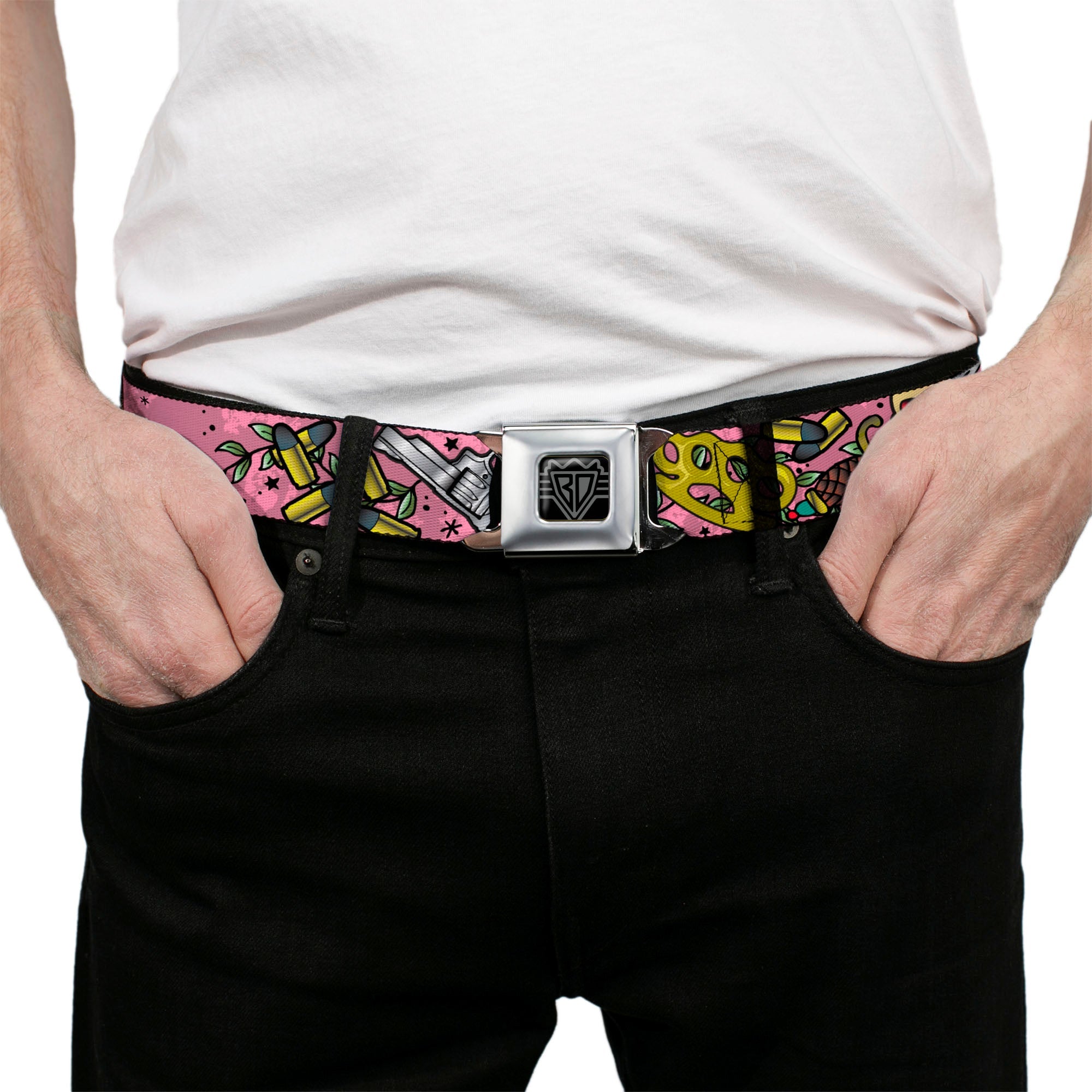 BD Wings Logo CLOSE-UP Full Color Black Silver Seatbelt Belt - Born to Raise Hell CLOSE-UP Pink Webbing