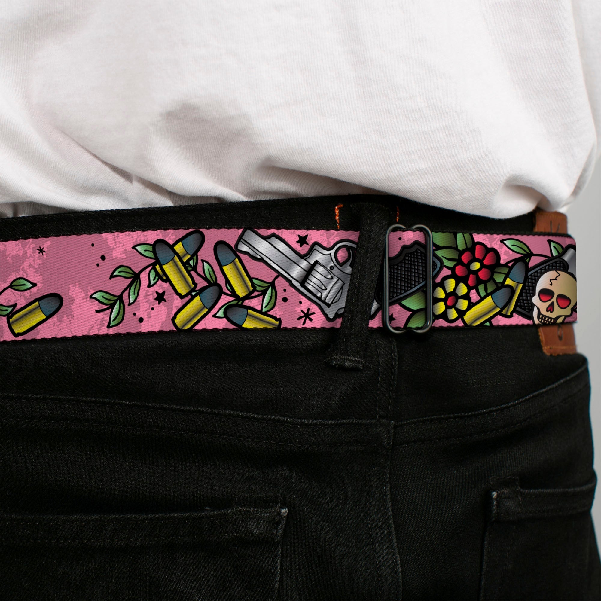 BD Wings Logo CLOSE-UP Full Color Black Silver Seatbelt Belt - Born to Raise Hell CLOSE-UP Pink Webbing