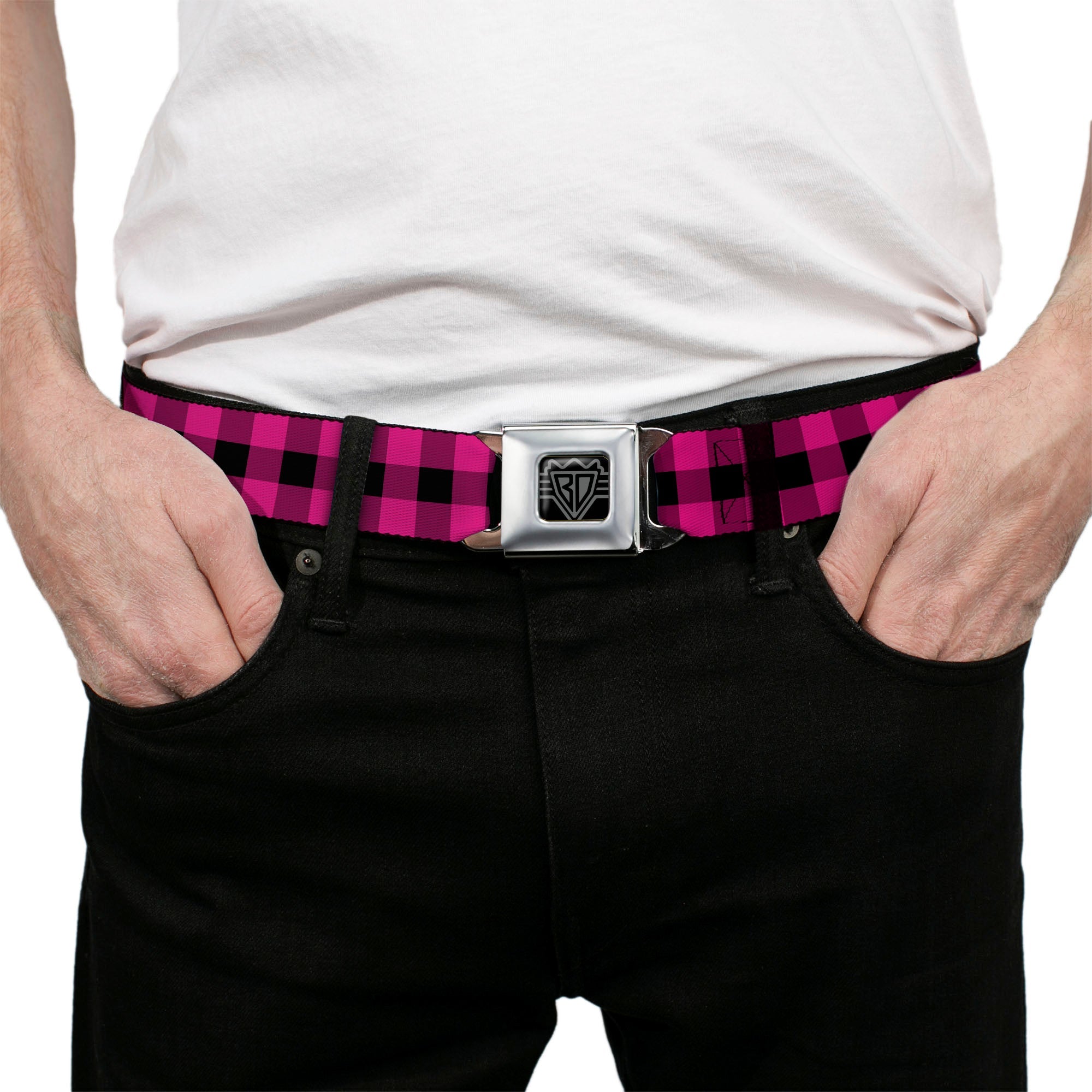 BD Wings Logo CLOSE-UP Full Color Black Silver Seatbelt Belt - Buffalo Plaid Black/Fuchsia Webbing