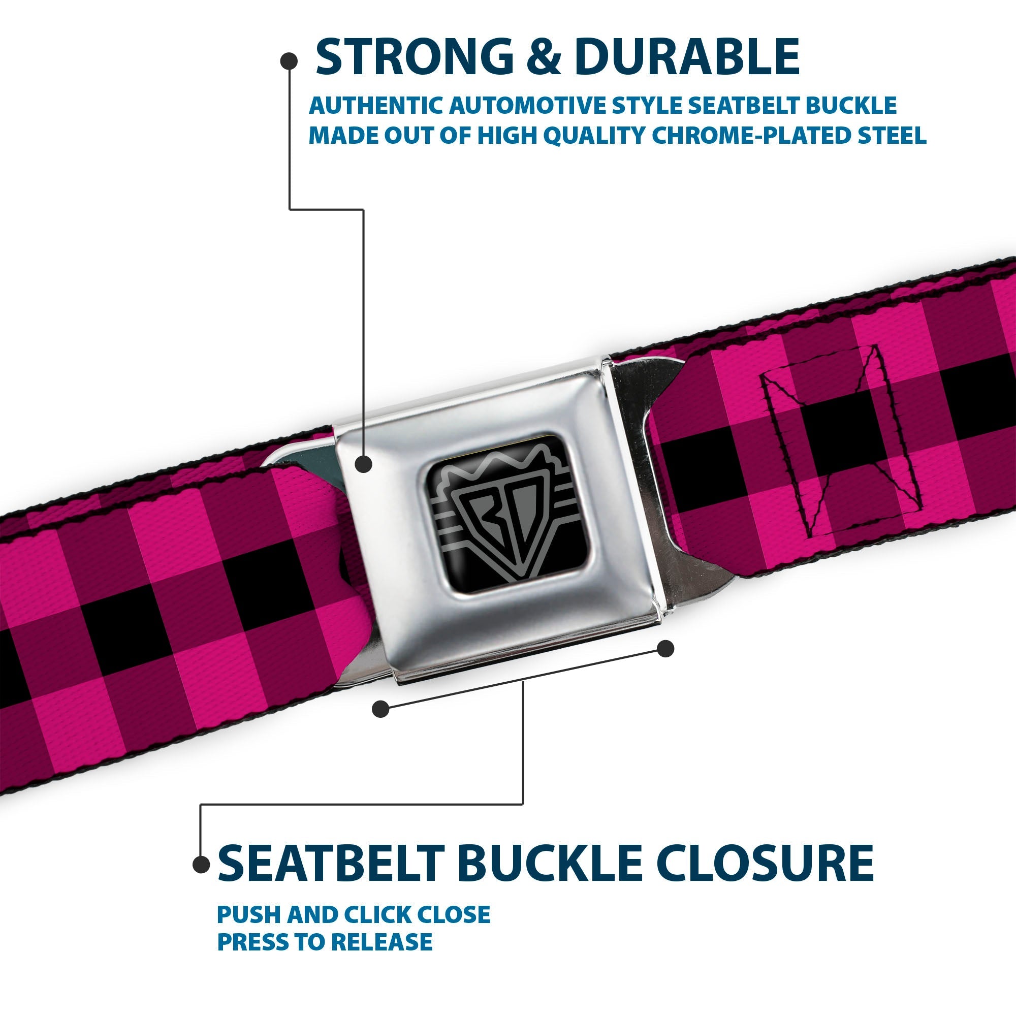 BD Wings Logo CLOSE-UP Full Color Black Silver Seatbelt Belt - Buffalo Plaid Black/Fuchsia Webbing