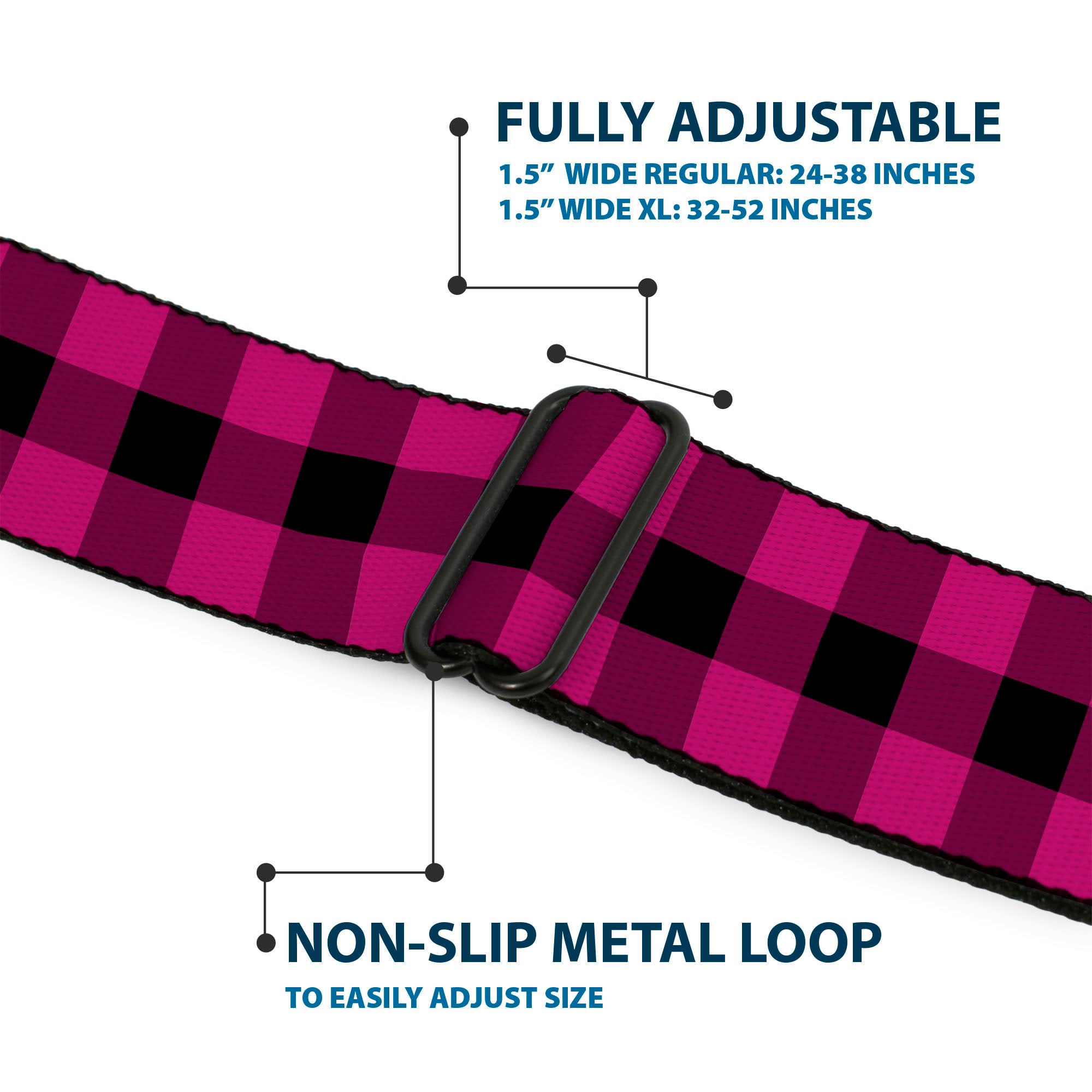 BD Wings Logo CLOSE-UP Full Color Black Silver Seatbelt Belt - Buffalo Plaid Black/Fuchsia Webbing