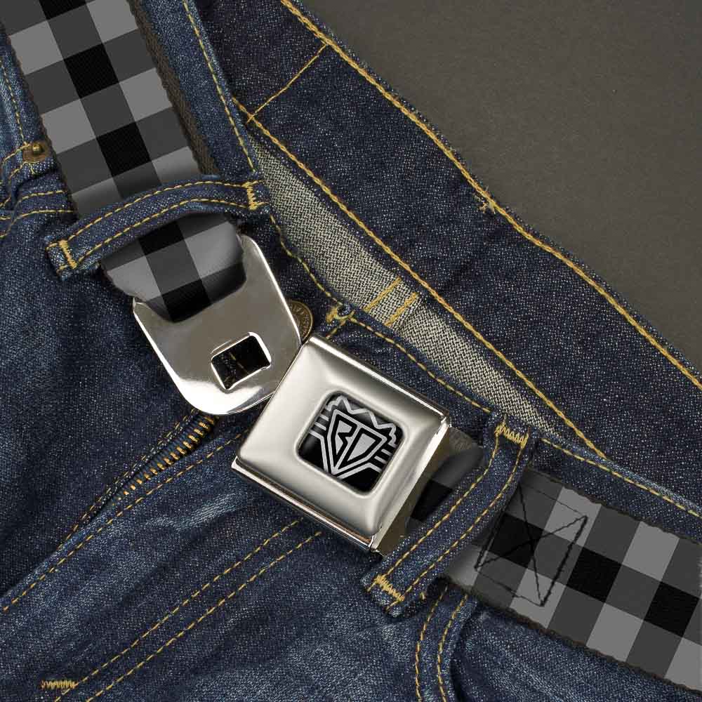 BD Wings Logo CLOSE-UP Full Color Black Silver Seatbelt Belt - Buffalo Plaid Black/Gray Webbing