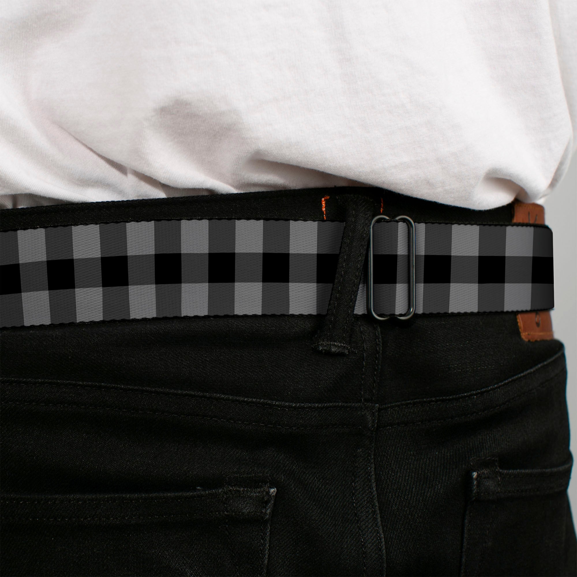 BD Wings Logo CLOSE-UP Full Color Black Silver Seatbelt Belt - Buffalo Plaid Black/Gray Webbing