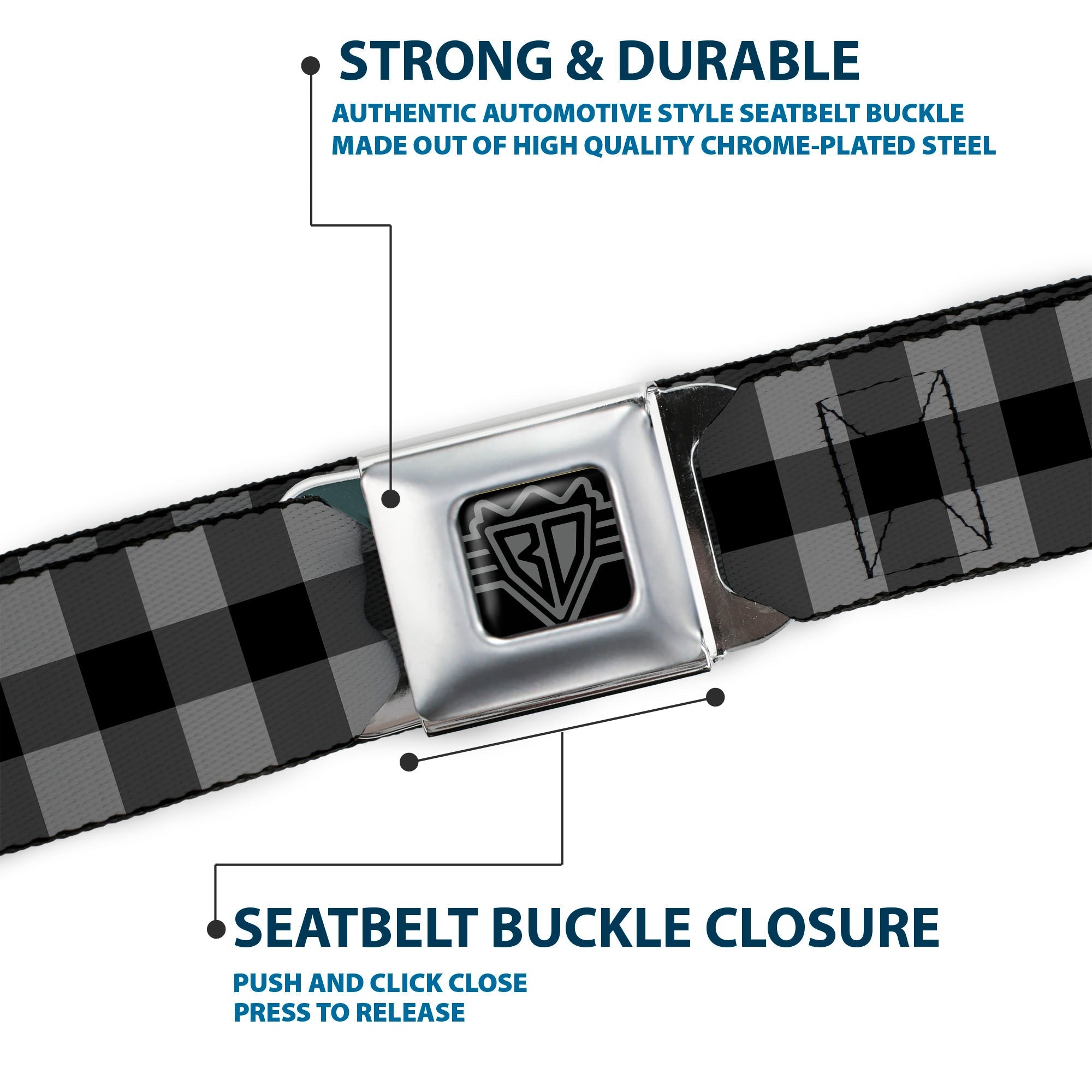 BD Wings Logo CLOSE-UP Full Color Black Silver Seatbelt Belt - Buffalo Plaid Black/Gray Webbing