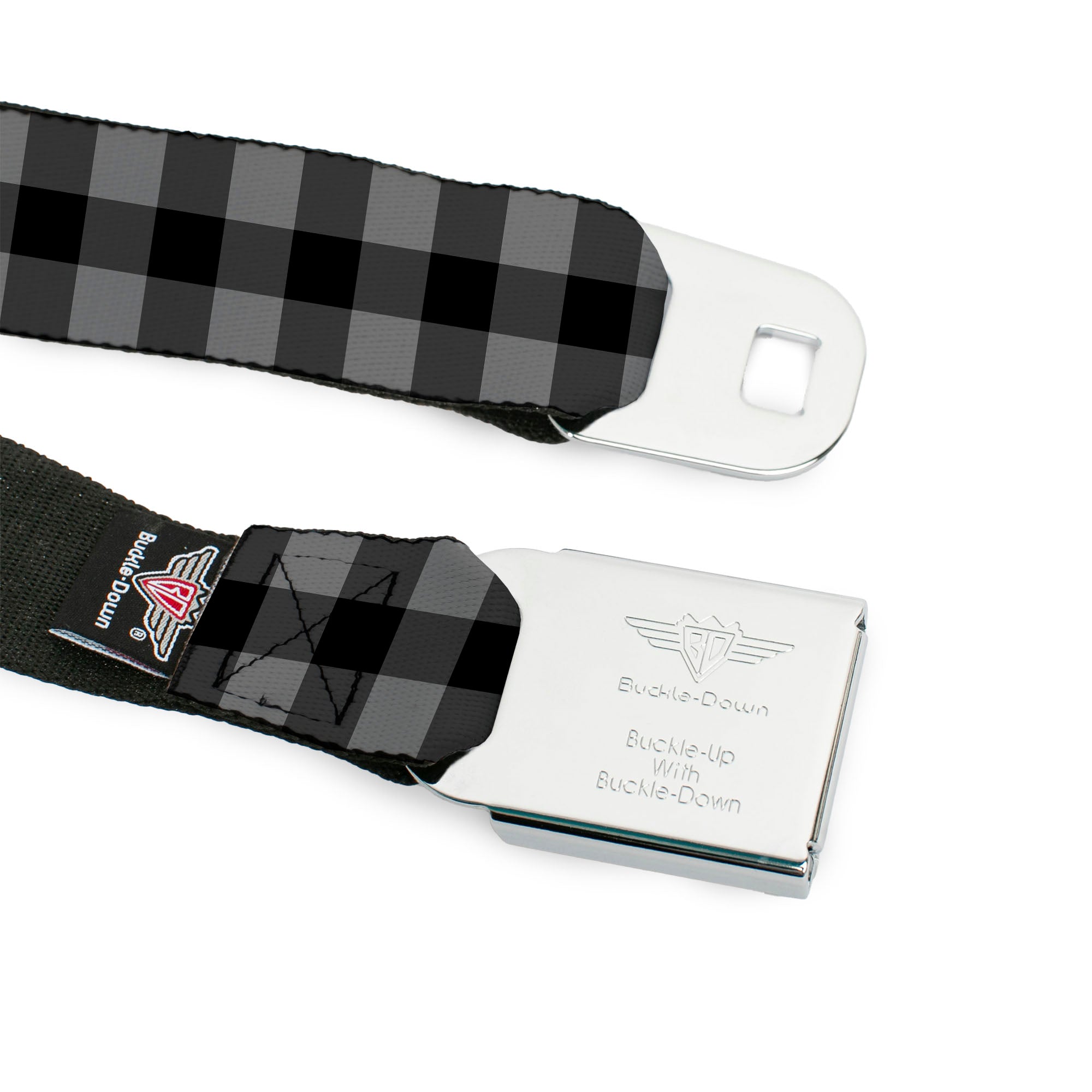 BD Wings Logo CLOSE-UP Full Color Black Silver Seatbelt Belt - Buffalo Plaid Black/Gray Webbing