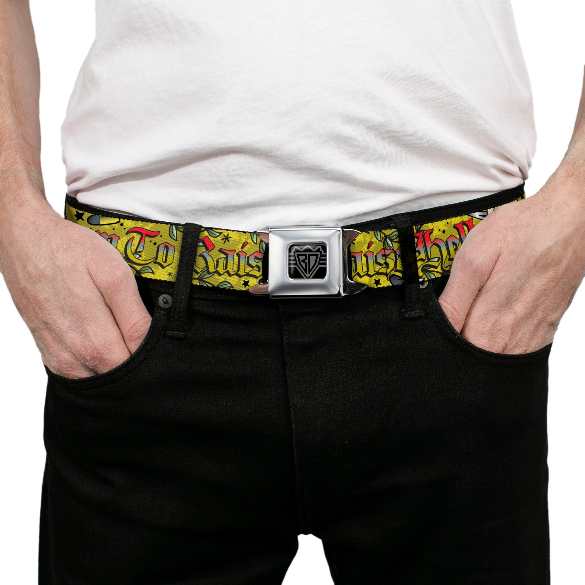 BD Wings Logo CLOSE-UP Full Color Black Silver Seatbelt Belt - Born to Raise Hell Yellow Webbing