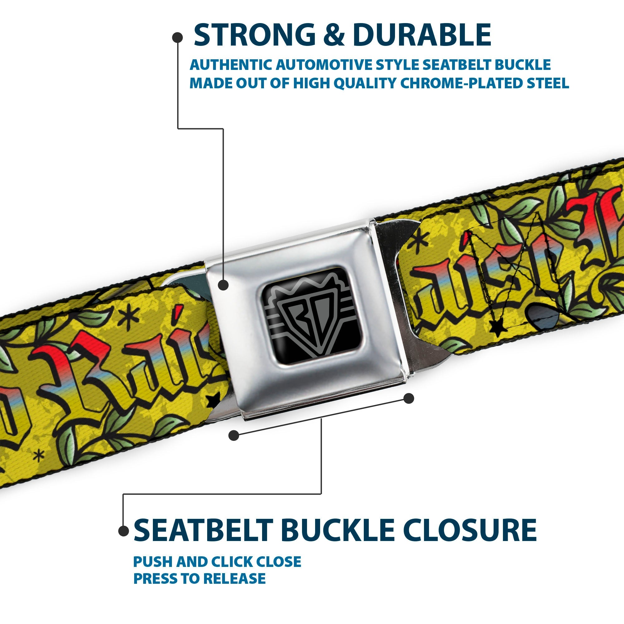 BD Wings Logo CLOSE-UP Full Color Black Silver Seatbelt Belt - Born to Raise Hell Yellow Webbing