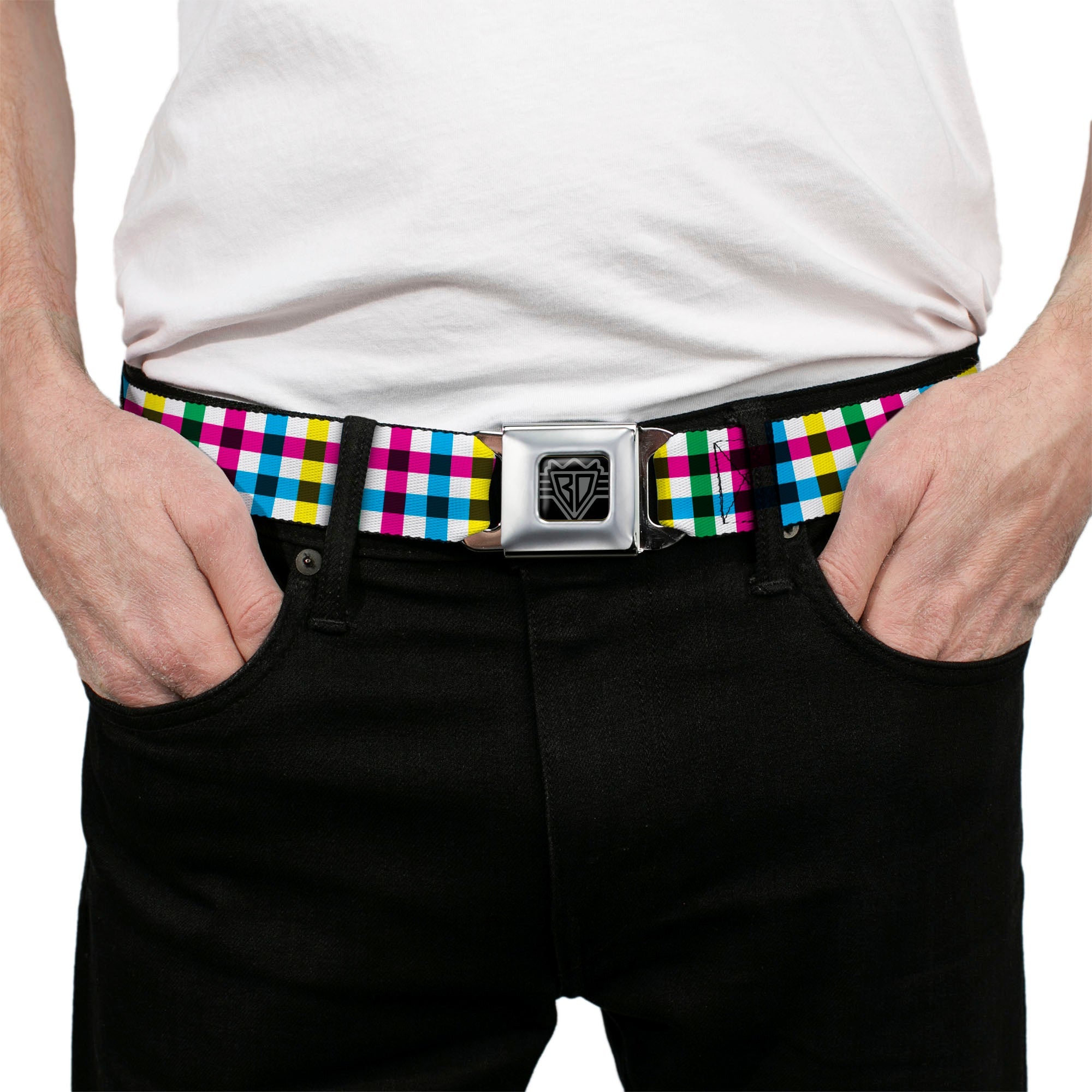 BD Wings Logo CLOSE-UP Full Color Black Silver Seatbelt Belt - Buffalo Plaid White/Multi Color Webbing