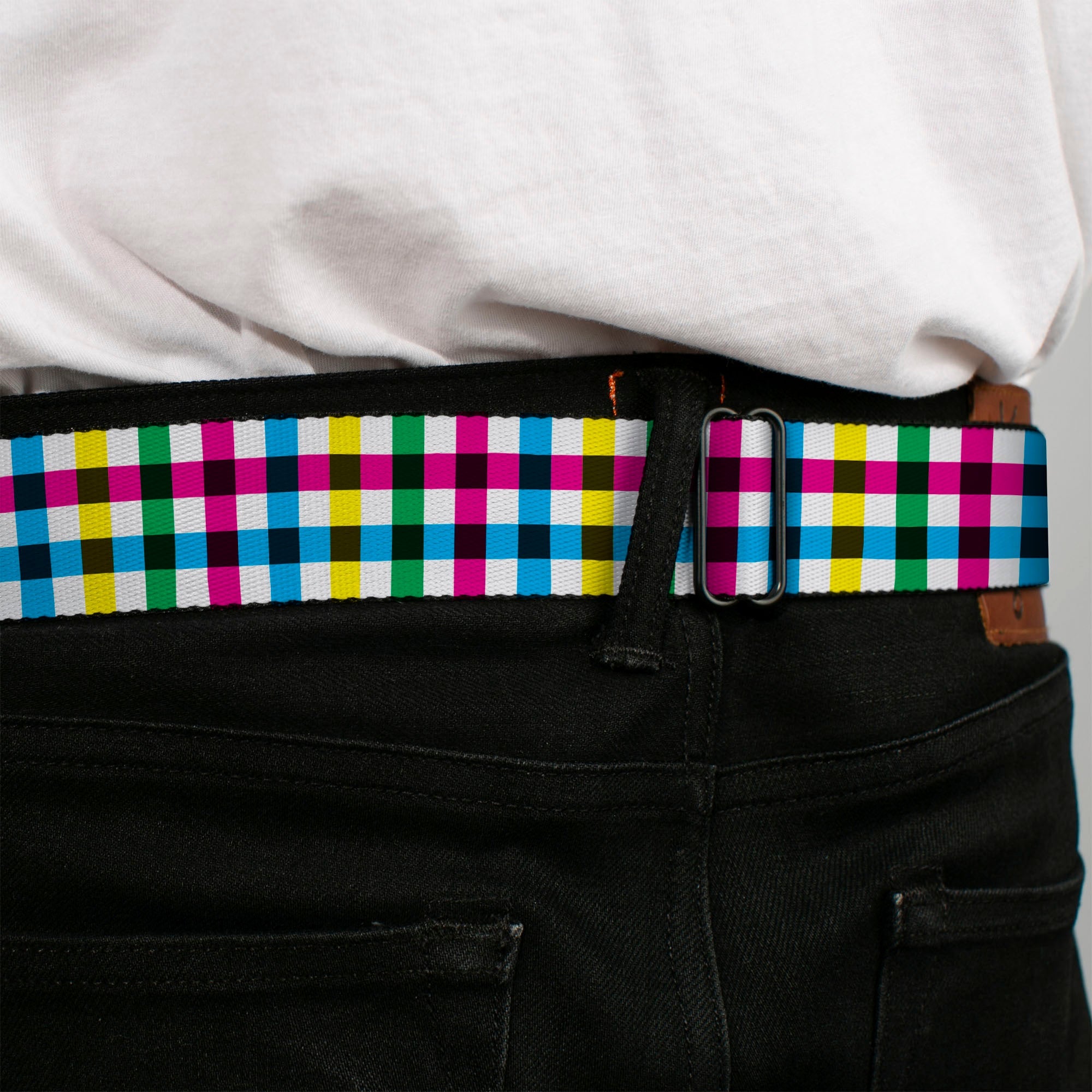 BD Wings Logo CLOSE-UP Full Color Black Silver Seatbelt Belt - Buffalo Plaid White/Multi Color Webbing