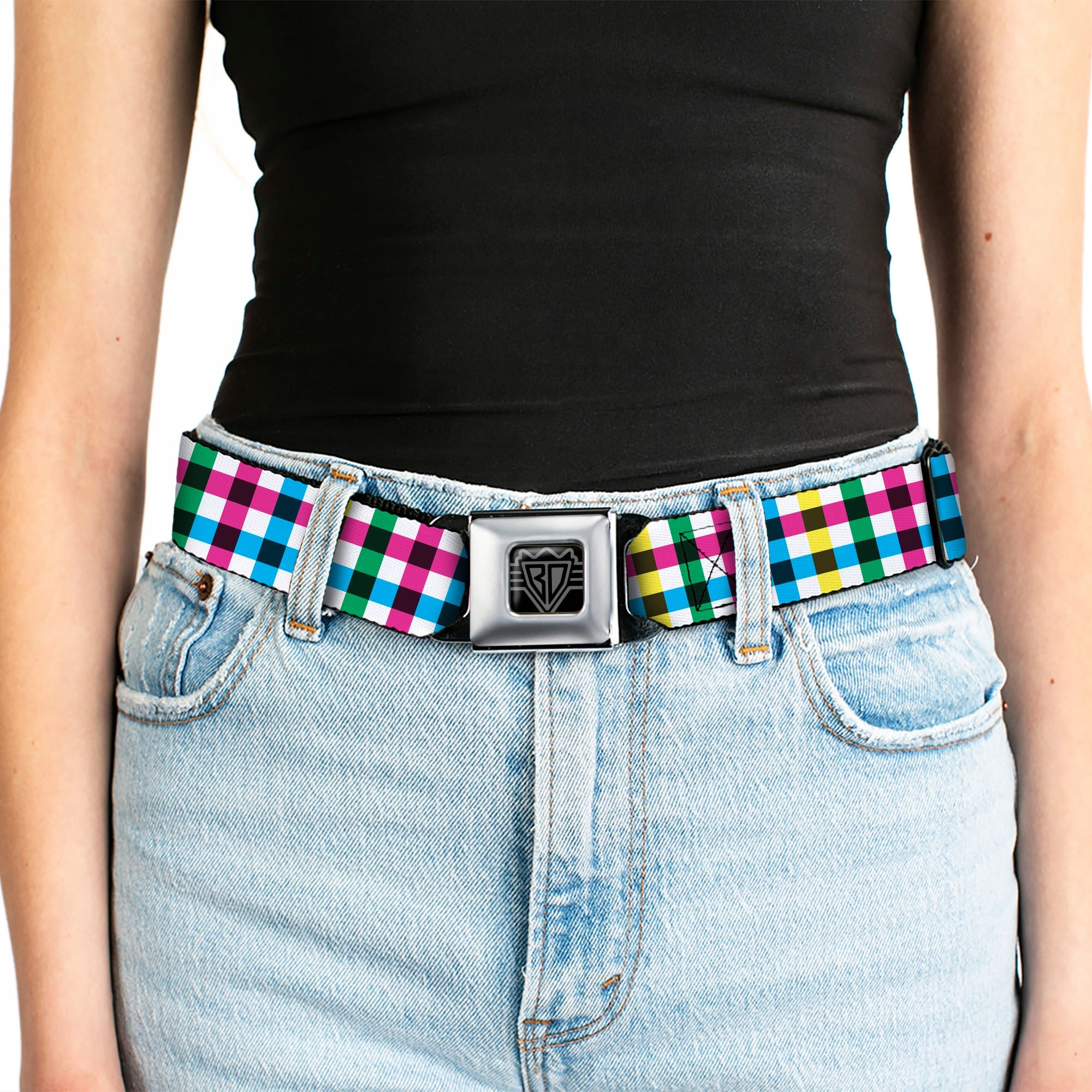 BD Wings Logo CLOSE-UP Full Color Black Silver Seatbelt Belt - Buffalo Plaid White/Multi Color Webbing