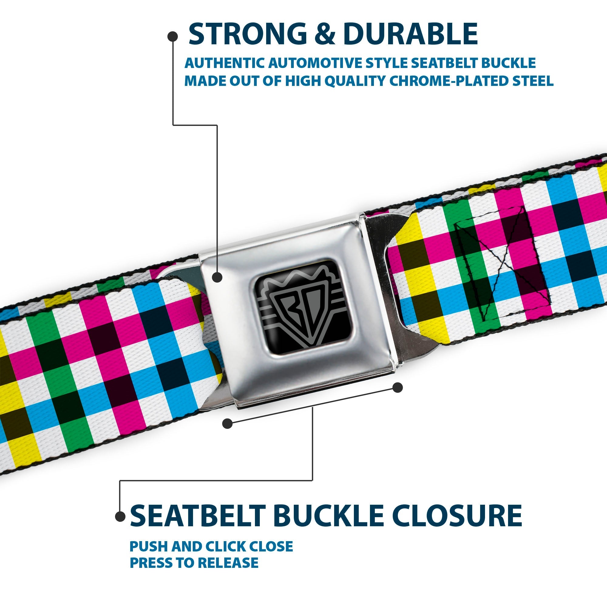 BD Wings Logo CLOSE-UP Full Color Black Silver Seatbelt Belt - Buffalo Plaid White/Multi Color Webbing