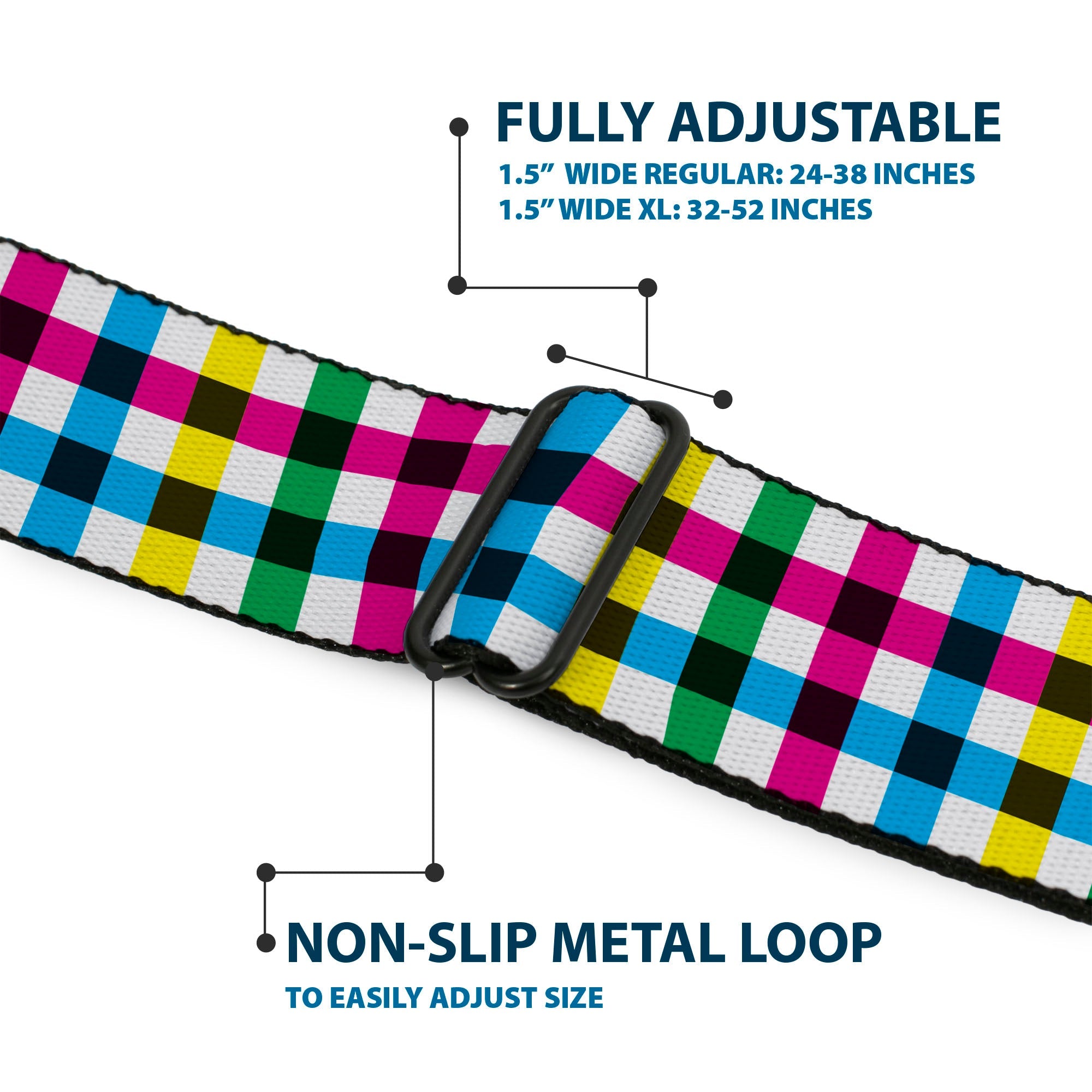 BD Wings Logo CLOSE-UP Full Color Black Silver Seatbelt Belt - Buffalo Plaid White/Multi Color Webbing