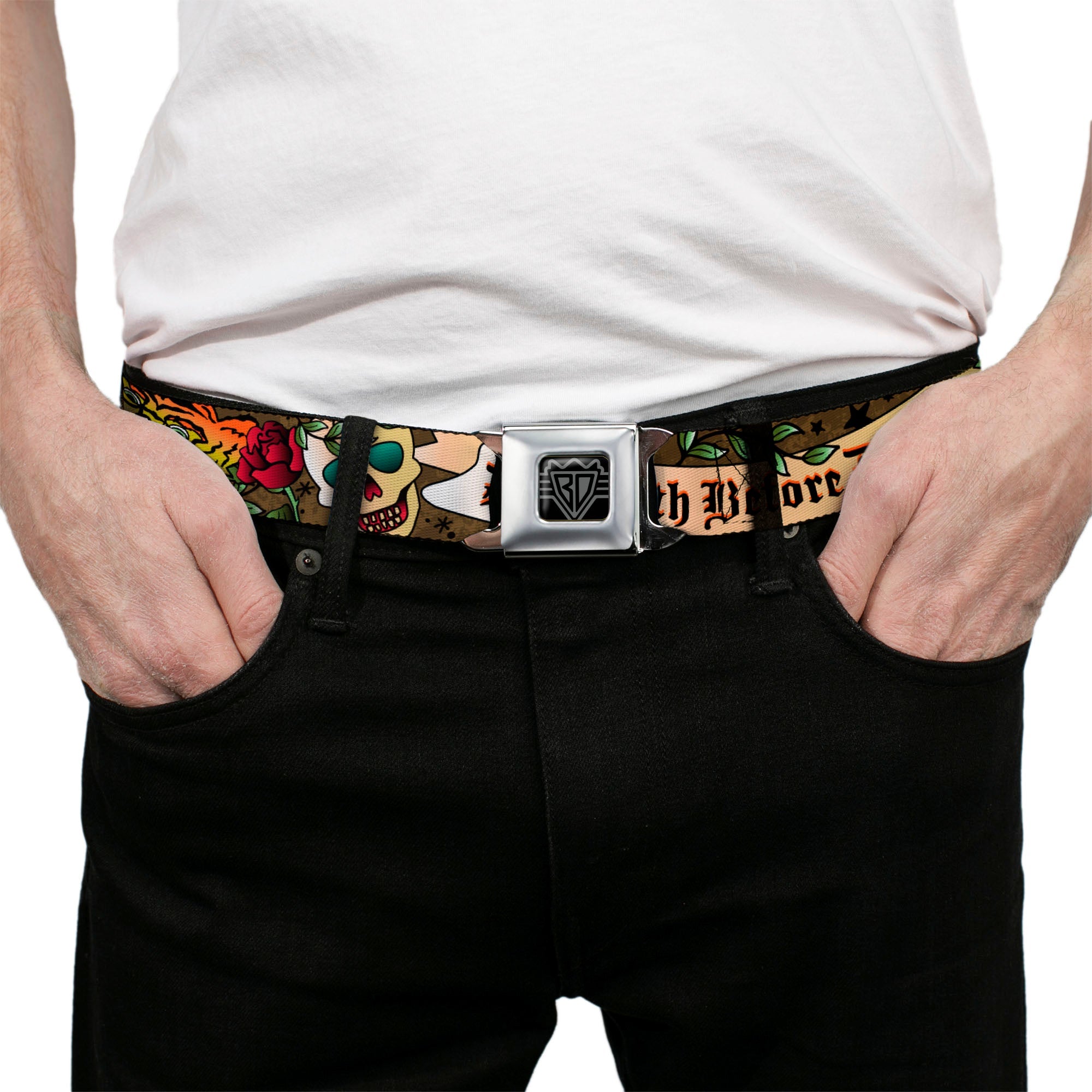 BD Wings Logo CLOSE-UP Full Color Black Silver Seatbelt Belt - Death Before Dishonor Olive Webbing