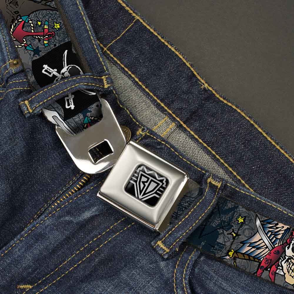 BD Wings Logo CLOSE-UP Full Color Black Silver Seatbelt Belt - Dead Men Tell No Tales Gray Webbing