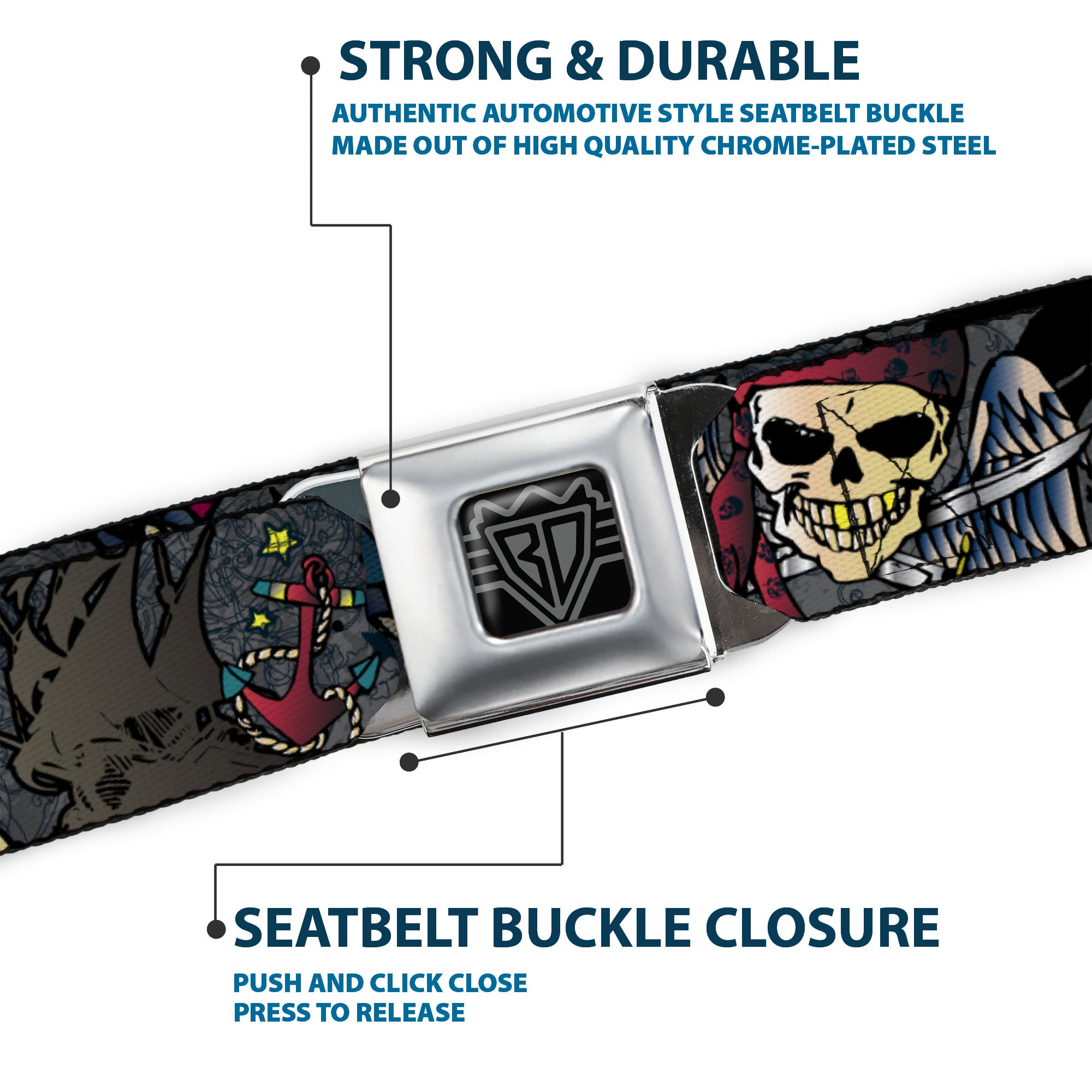 BD Wings Logo CLOSE-UP Full Color Black Silver Seatbelt Belt - Dead Men Tell No Tales Gray Webbing