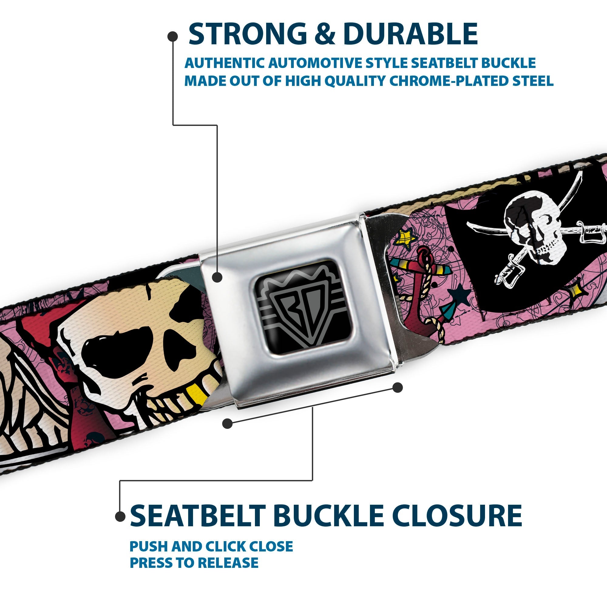 BD Wings Logo CLOSE-UP Full Color Black Silver Seatbelt Belt - Dead Men Tell No Tales Pink Webbing