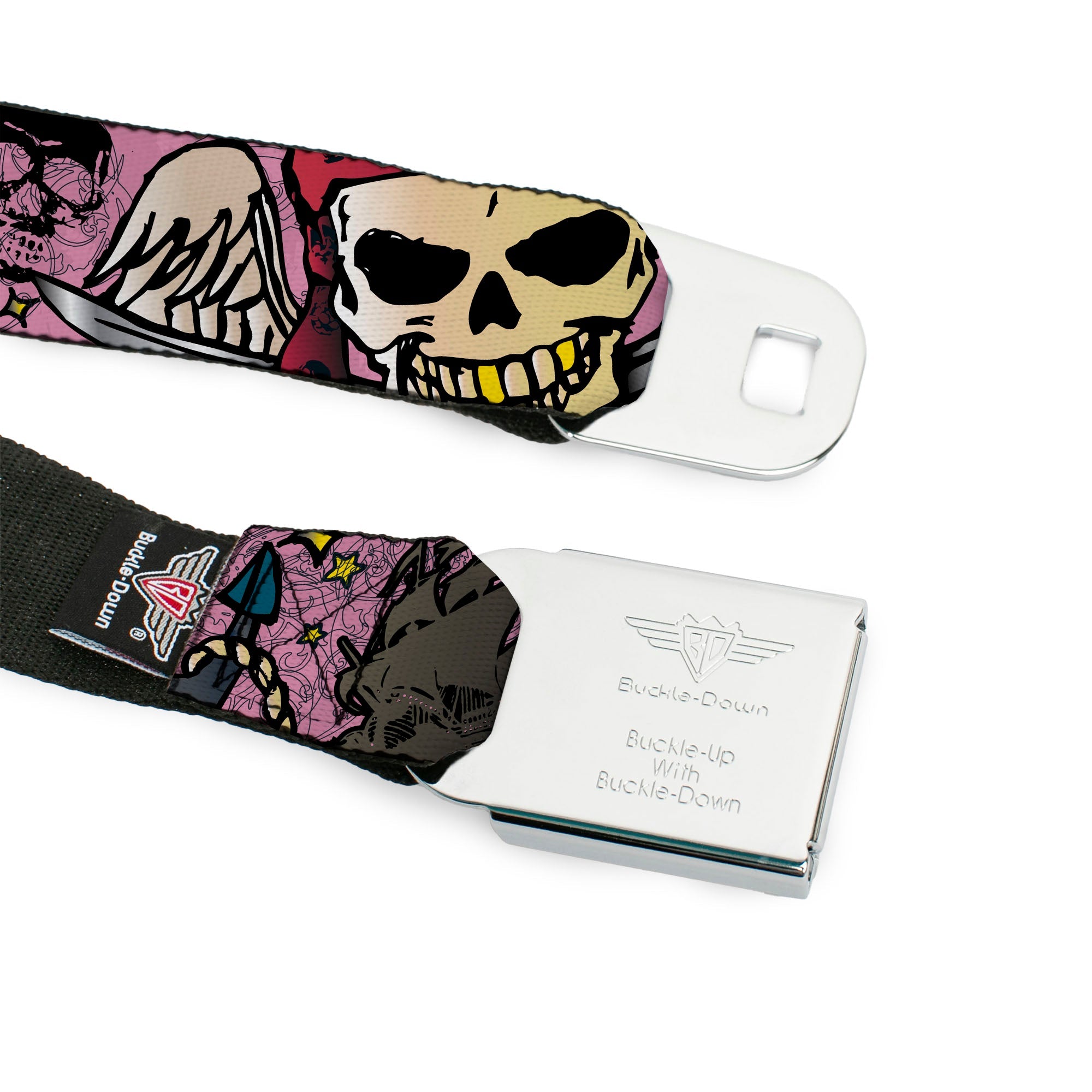 BD Wings Logo CLOSE-UP Full Color Black Silver Seatbelt Belt - Dead Men Tell No Tales Pink Webbing