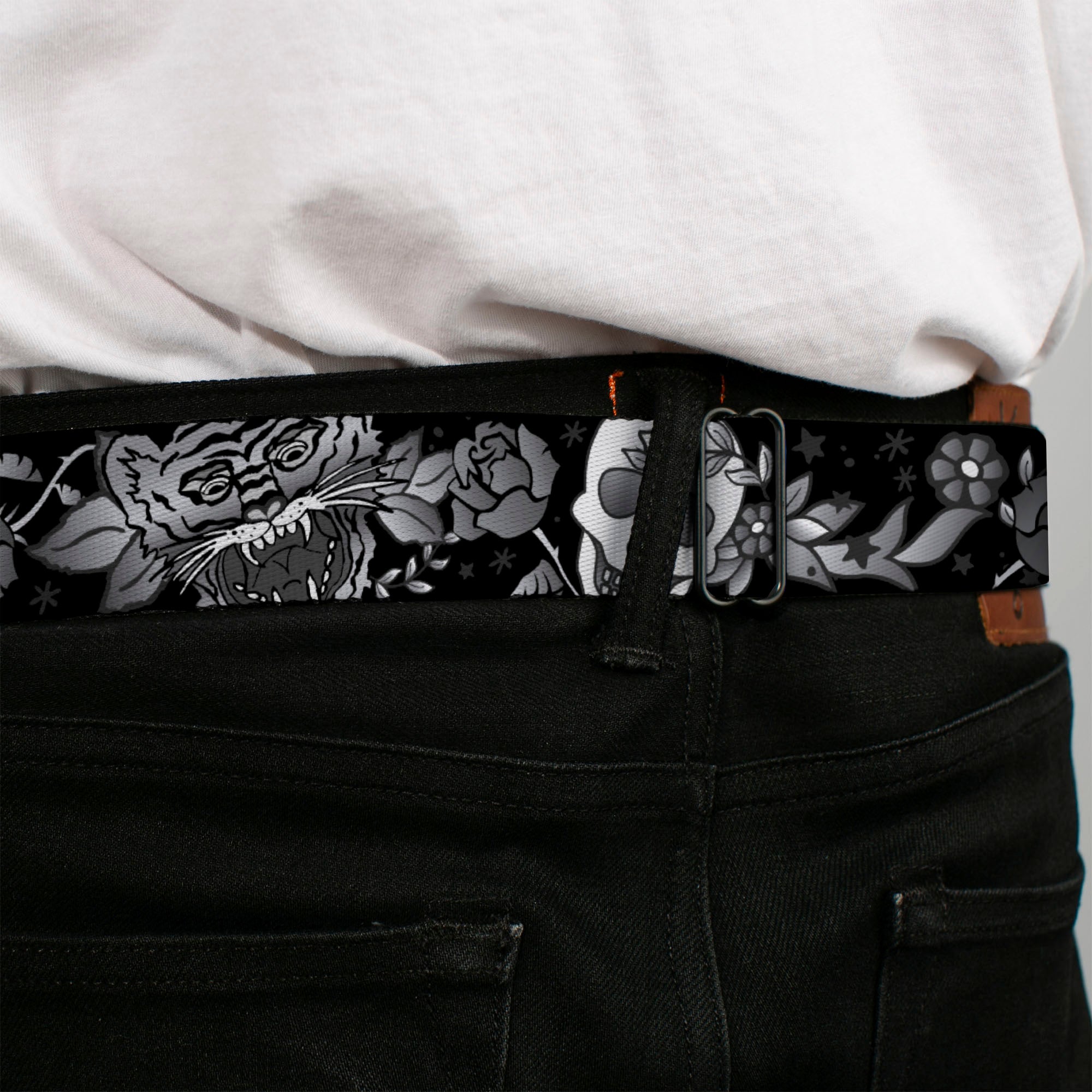 BD Wings Logo CLOSE-UP Full Color Black Silver Seatbelt Belt - Death Before Dishonor Black/White Webbing