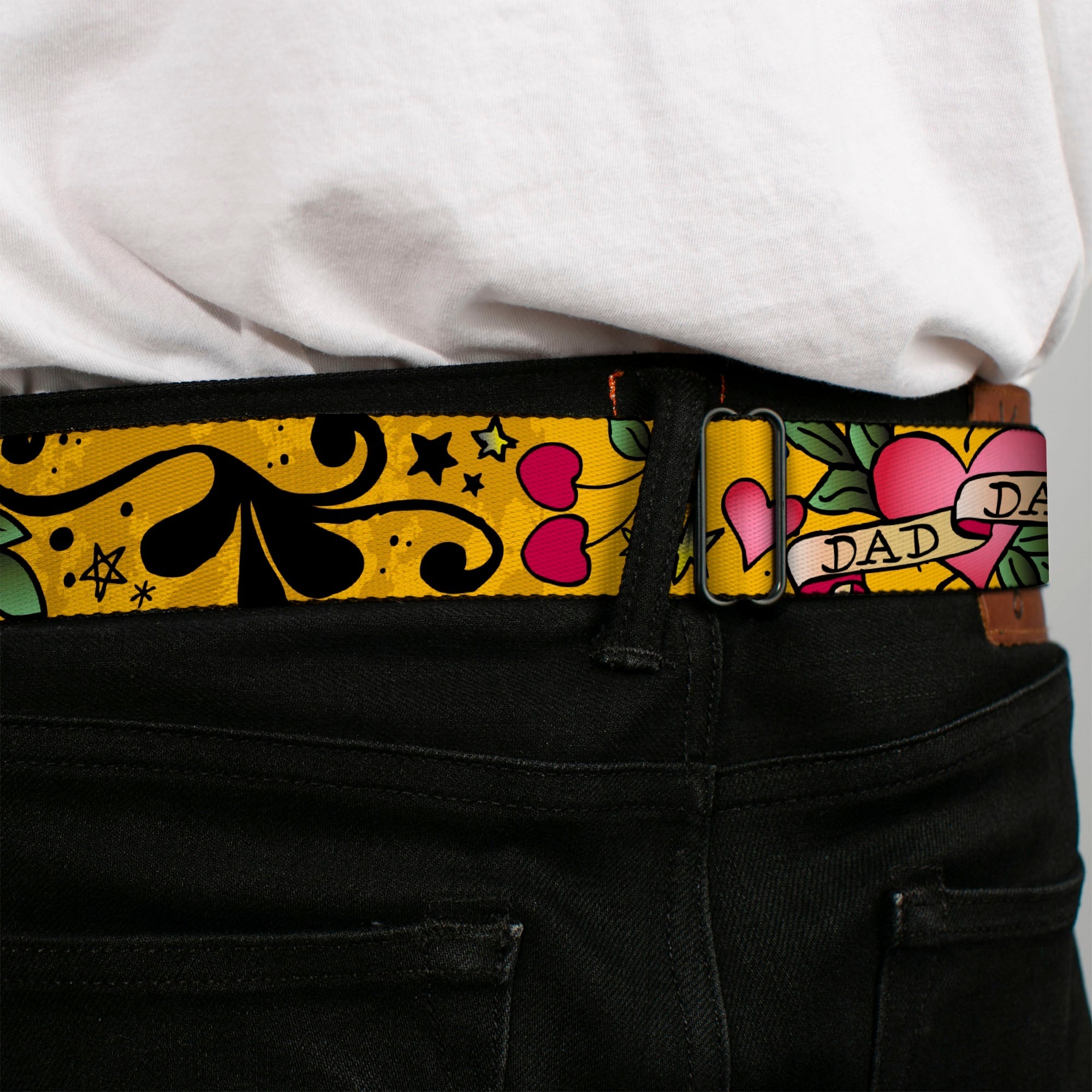 BD Wings Logo CLOSE-UP Full Color Black Silver Seatbelt Belt - Dad & Dad Yellow Webbing