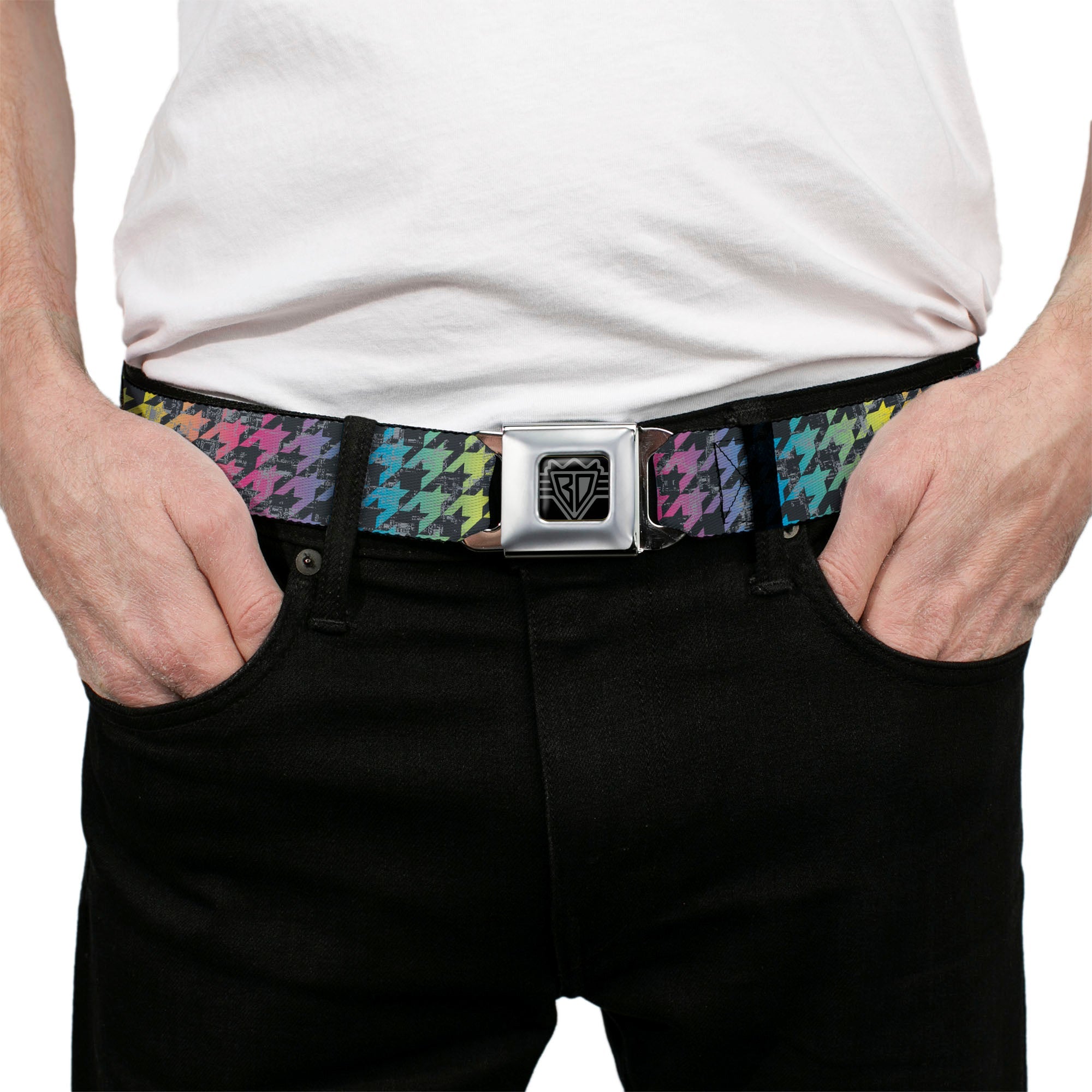 BD Wings Logo CLOSE-UP Full Color Black Silver Seatbelt Belt - Houndstooth Black/Rainbow Webbing