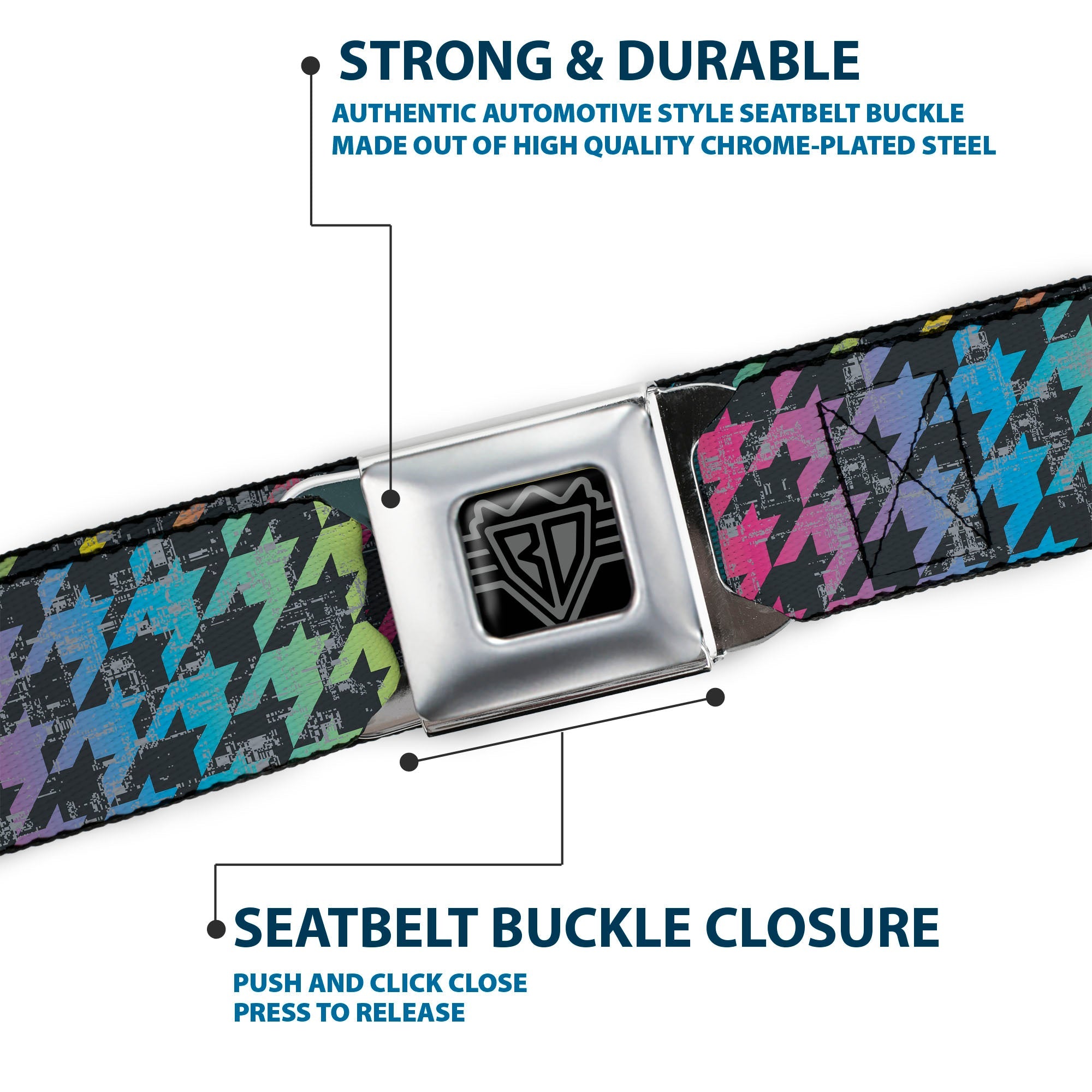 BD Wings Logo CLOSE-UP Full Color Black Silver Seatbelt Belt - Houndstooth Black/Rainbow Webbing