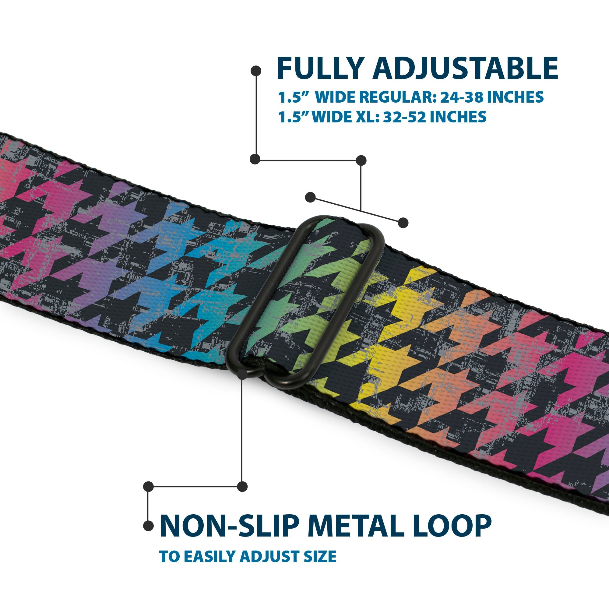 BD Wings Logo CLOSE-UP Full Color Black Silver Seatbelt Belt - Houndstooth Black/Rainbow Webbing